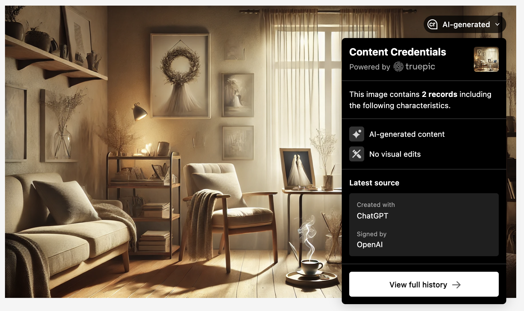 Screenshot of an AI generated image depicting a cozy living room with cream sofa, armchair, wooden tables, wall art, shelves with books, and potted plants, illuminated by warm natural light. There is a C2PA Content Credentials overlay.