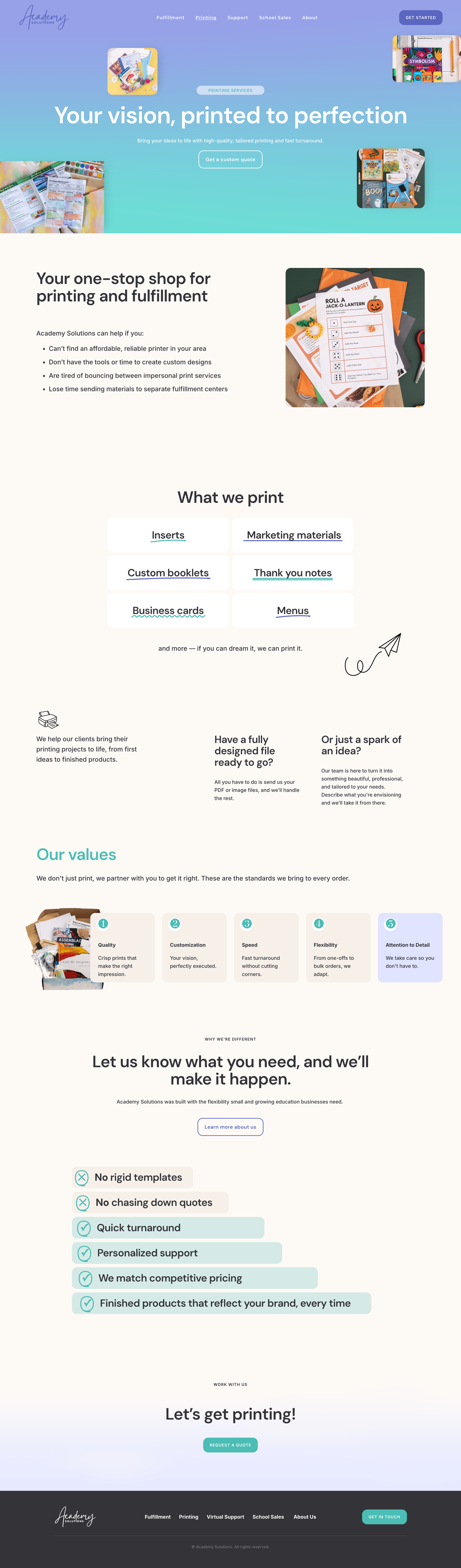 A website homepage for Academy Printing featuring a colorful gradient background, product images, navigation menu, and sections detailing printing services and values.