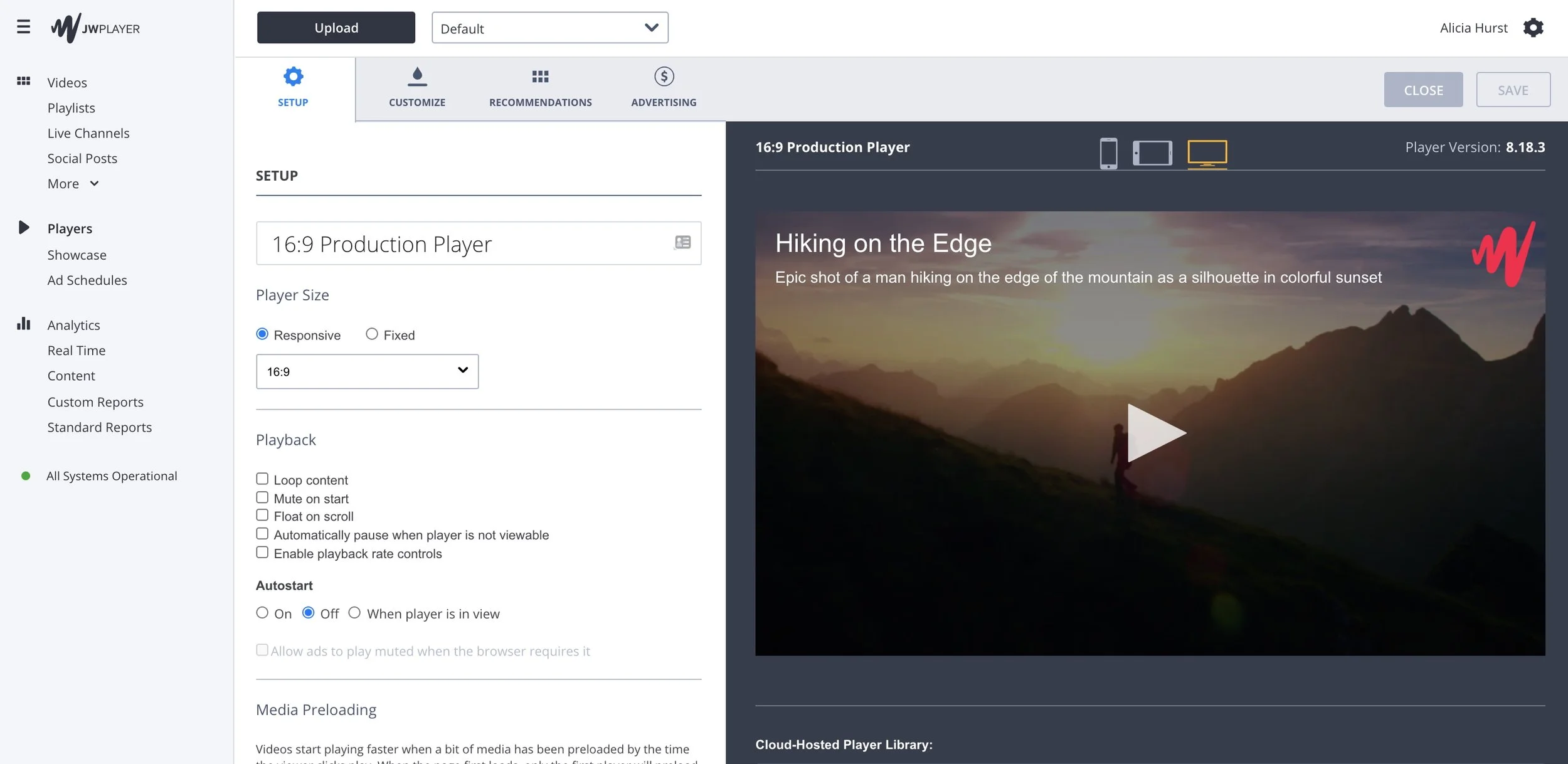 Screenshot of a video player setup interface with options for player size, playback settings, and a video preview titled 'Hiking on the Edge.'