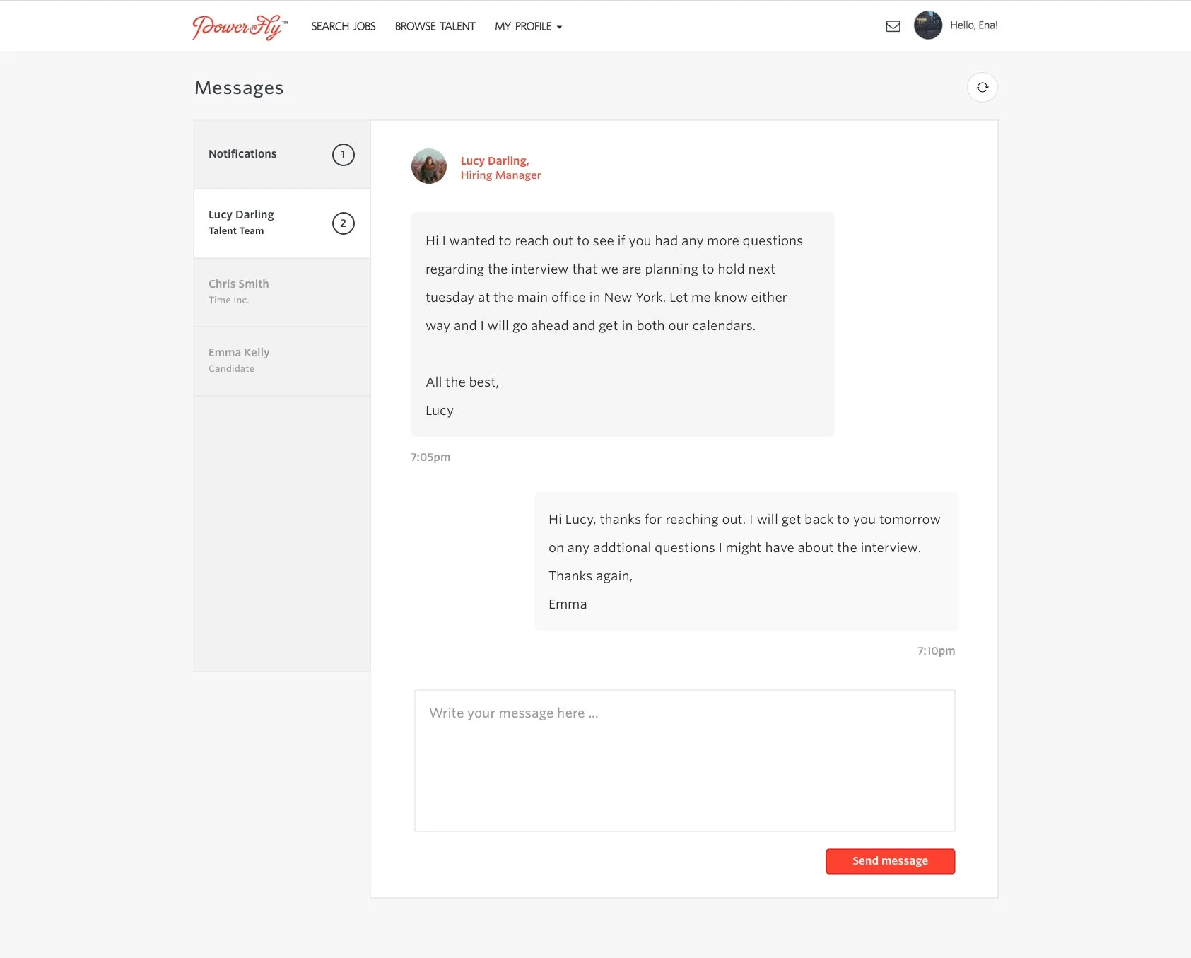 Screenshot of a messaging interface on a website called PowerFly, displaying a conversation between a hiring manager and a candidate regarding an interview in New York. The interface includes navigation links, a message history, and a text input field for sending messages.