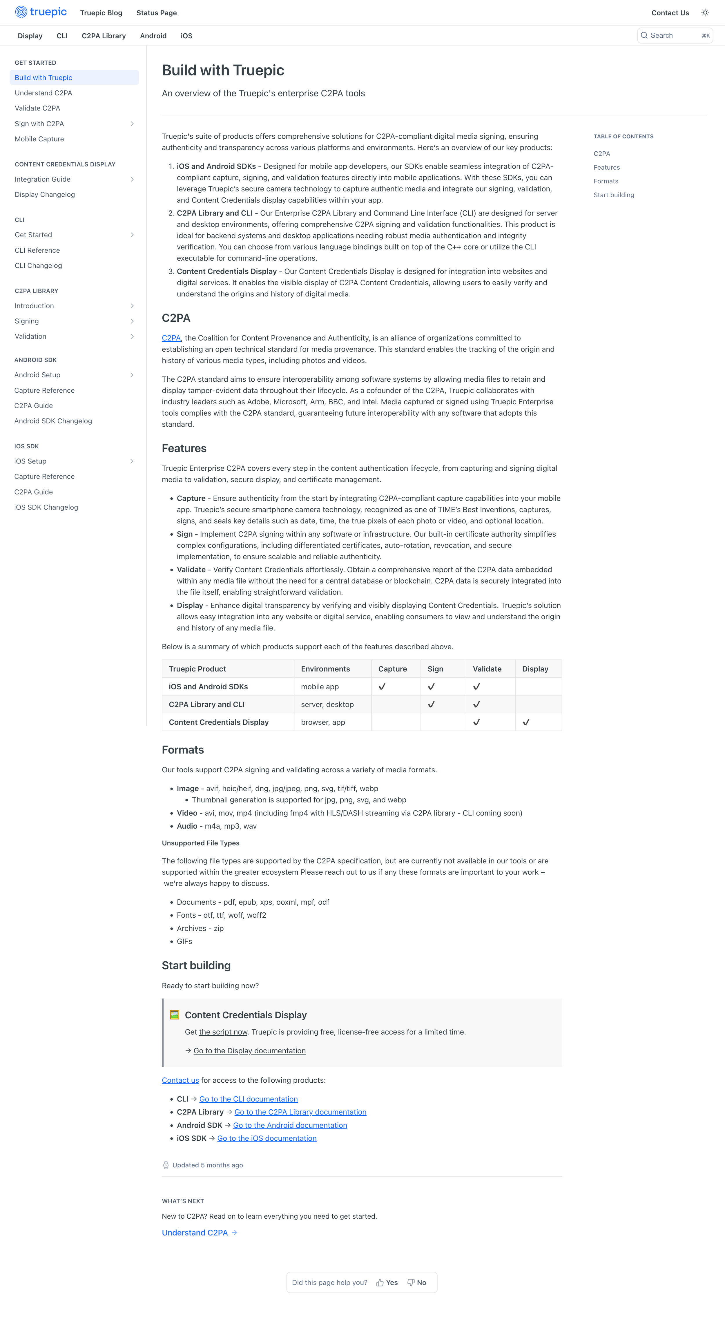 Screenshot of Truepic's Build with Truepic webpage outlining enterprise C2PA tools, features, supported formats, and links for further documentation. The page includes sections on iOS and Android SDKs, C2PA Library and CLI, Content Credentials Display, and specific C2PA functionalities like capture, sign, validate, and display.