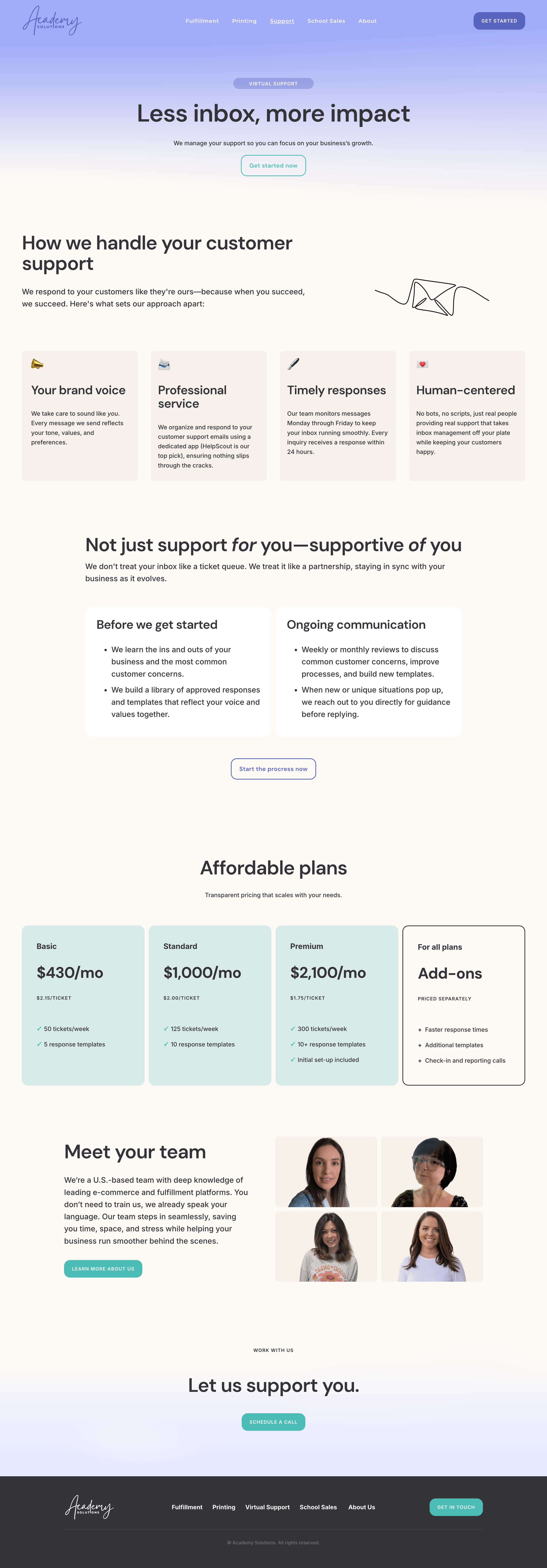 Screenshot of a website homepage for Academy Solutions, featuring sections on virtual support and customer service, with a pricing table for support plans, team member photos, and call-to-action buttons.