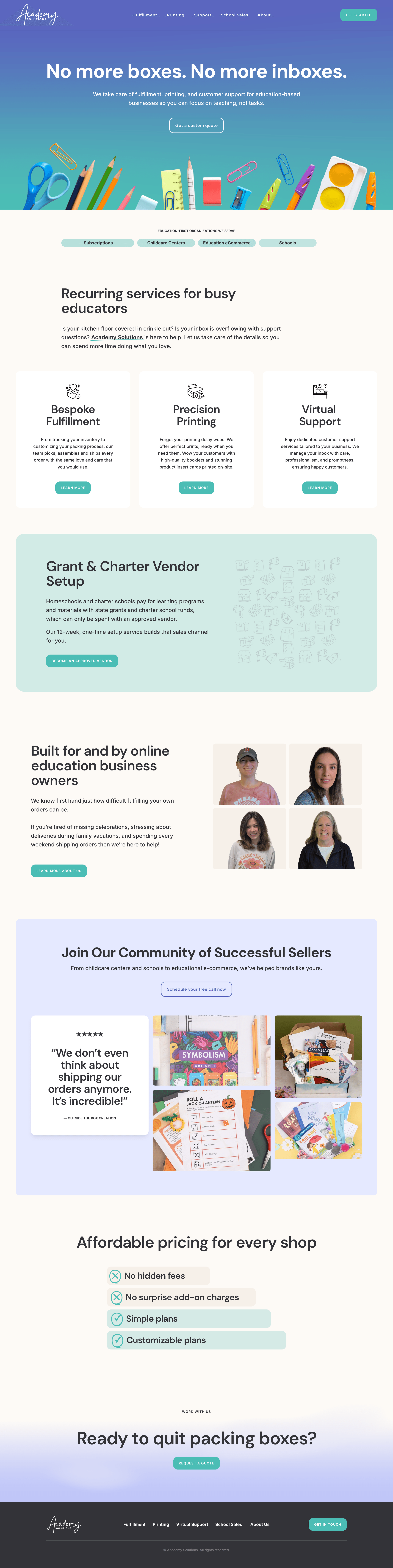 Screenshot of a website homepage for Academy Shelving, featuring a colorful header with stationery items, slogans about eliminating boxes and inboxes, sections about services like fulfillment, printing, and support, a vendor setup info, images of people, community testimonials, pricing details, and a call-to-action to request a quote.