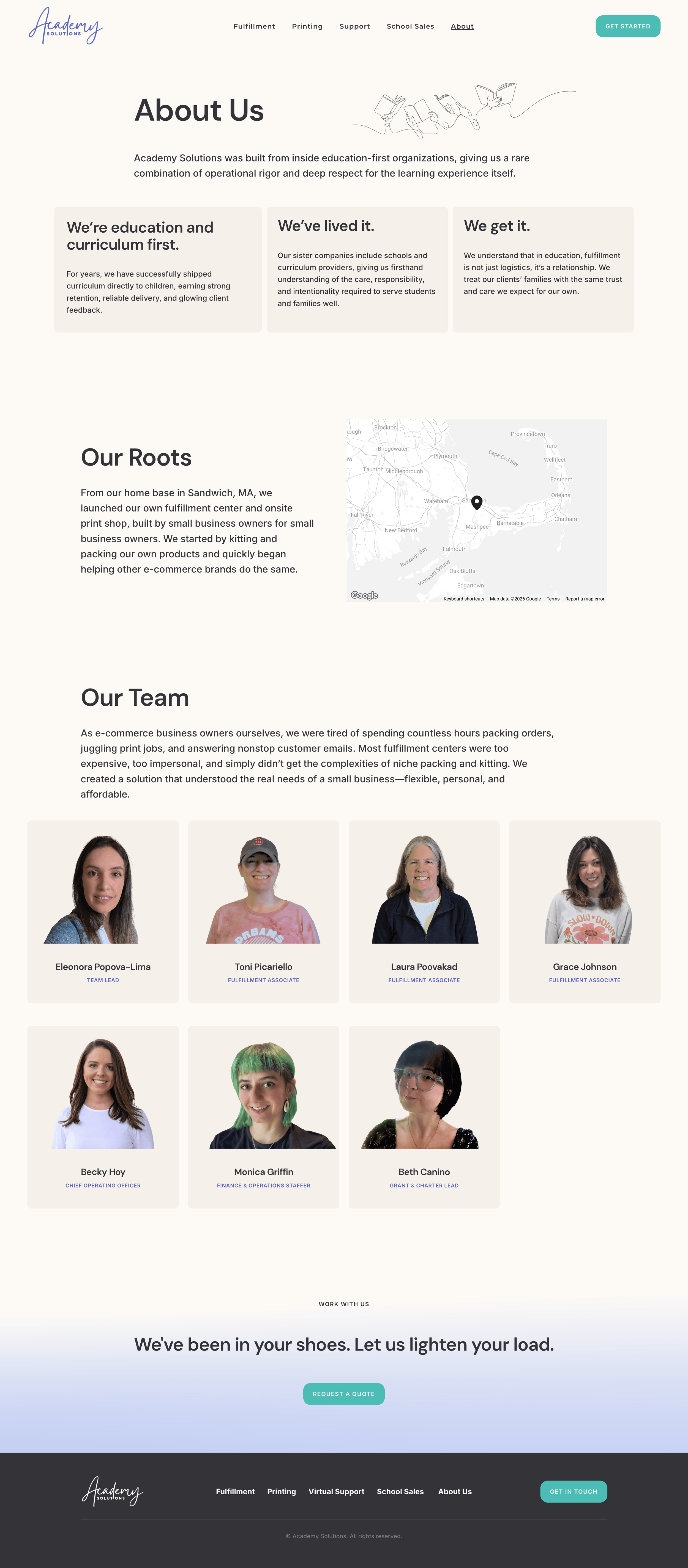 Screenshot of the About Us page for Academy Solutions, a company specializing in education and fulfillment services. Features sections about the company's mission, history, team members, and a Google map showing their location in Sandwich, MA. Includes pictures of team members with names and roles.