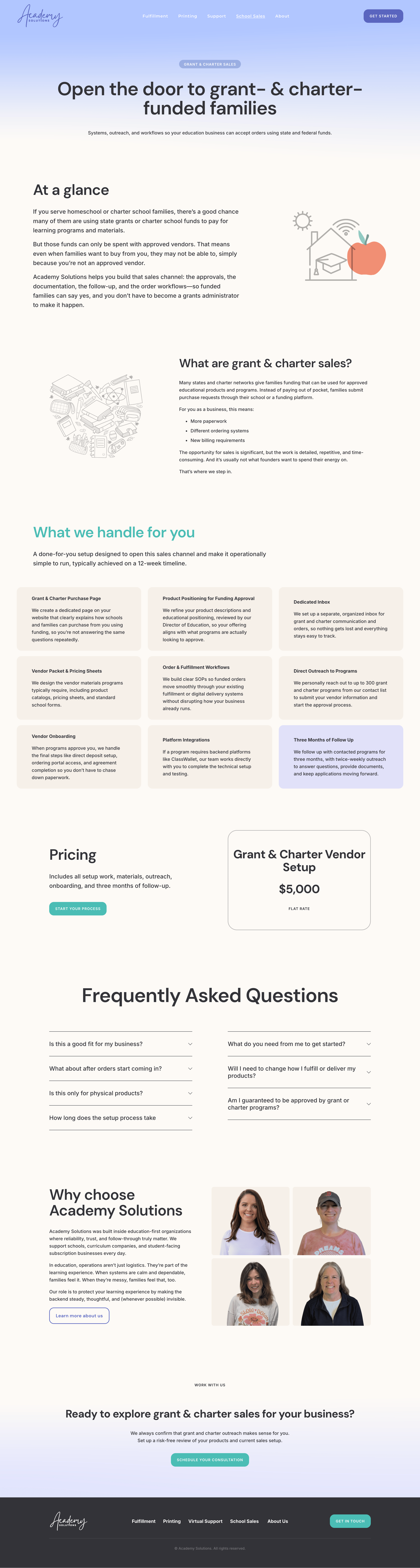 Screenshot of a website offering grant and charter sales services for families, with sections explaining services, pricing, FAQ, and company information.