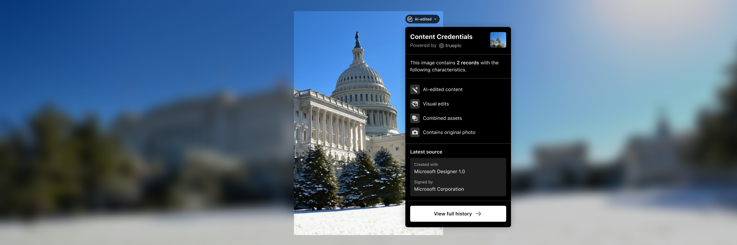 U.S. Capitol building with snow, AI-edited by Microsoft Designer 1.0.