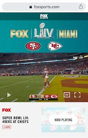 Screenshot of a Fox Sports online stream featuring Super Bowl LIV between the 49ers and Chiefs, taking place in Miami. The screen shows a football field with a player and game stats at the bottom.