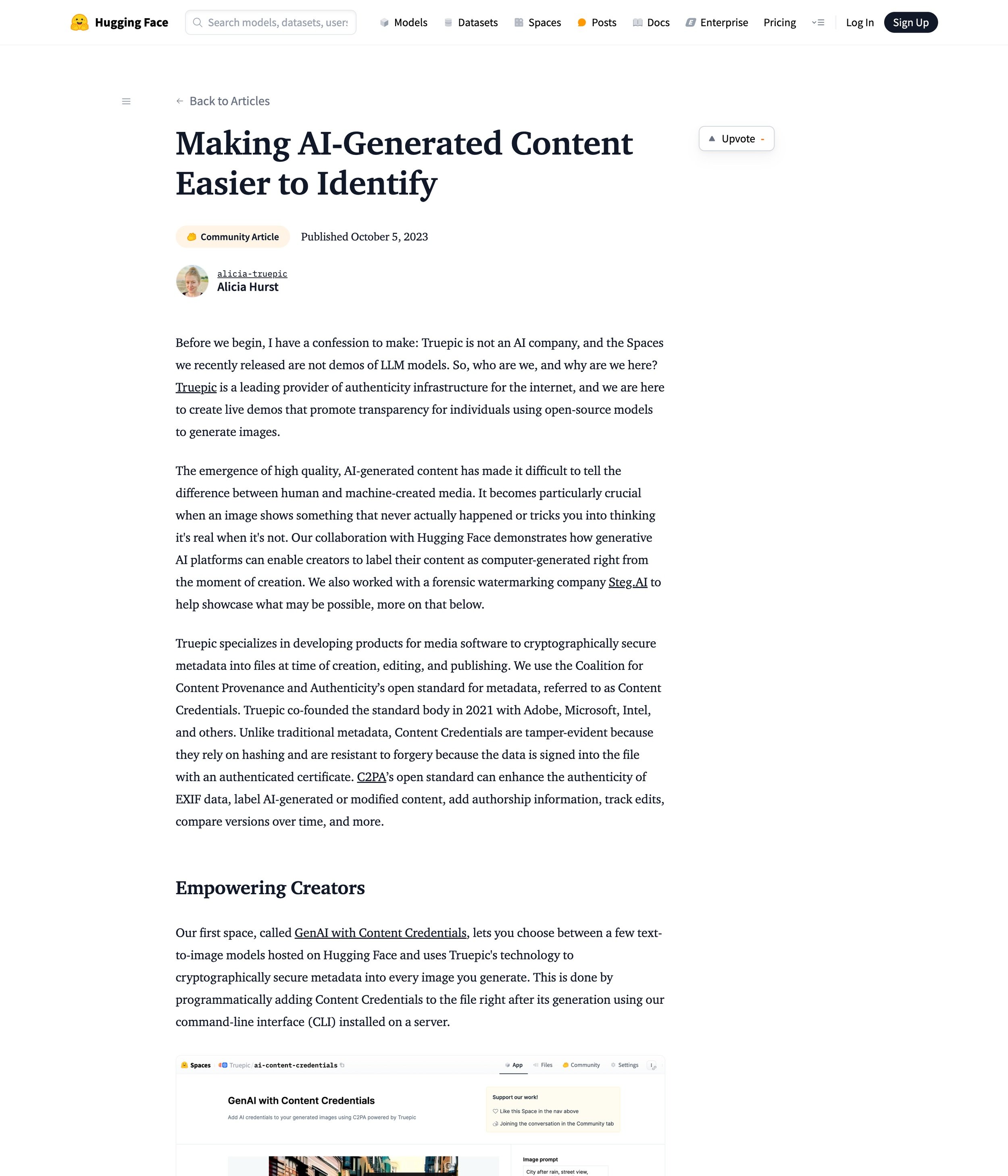 Screenshot of an article titled 'Making AI-Generated Content Easier to Identify' on Hugging Face blog, published on October 5, 2023, by Alicia Hurst. The article discusses Truepic's role in verifying content authenticity with AI technology and their collaboration with Hugging Face and Steg.AI. It introduces GenAI with Content Credentials and mentions partnerships with companies like Adobe and Microsoft."
