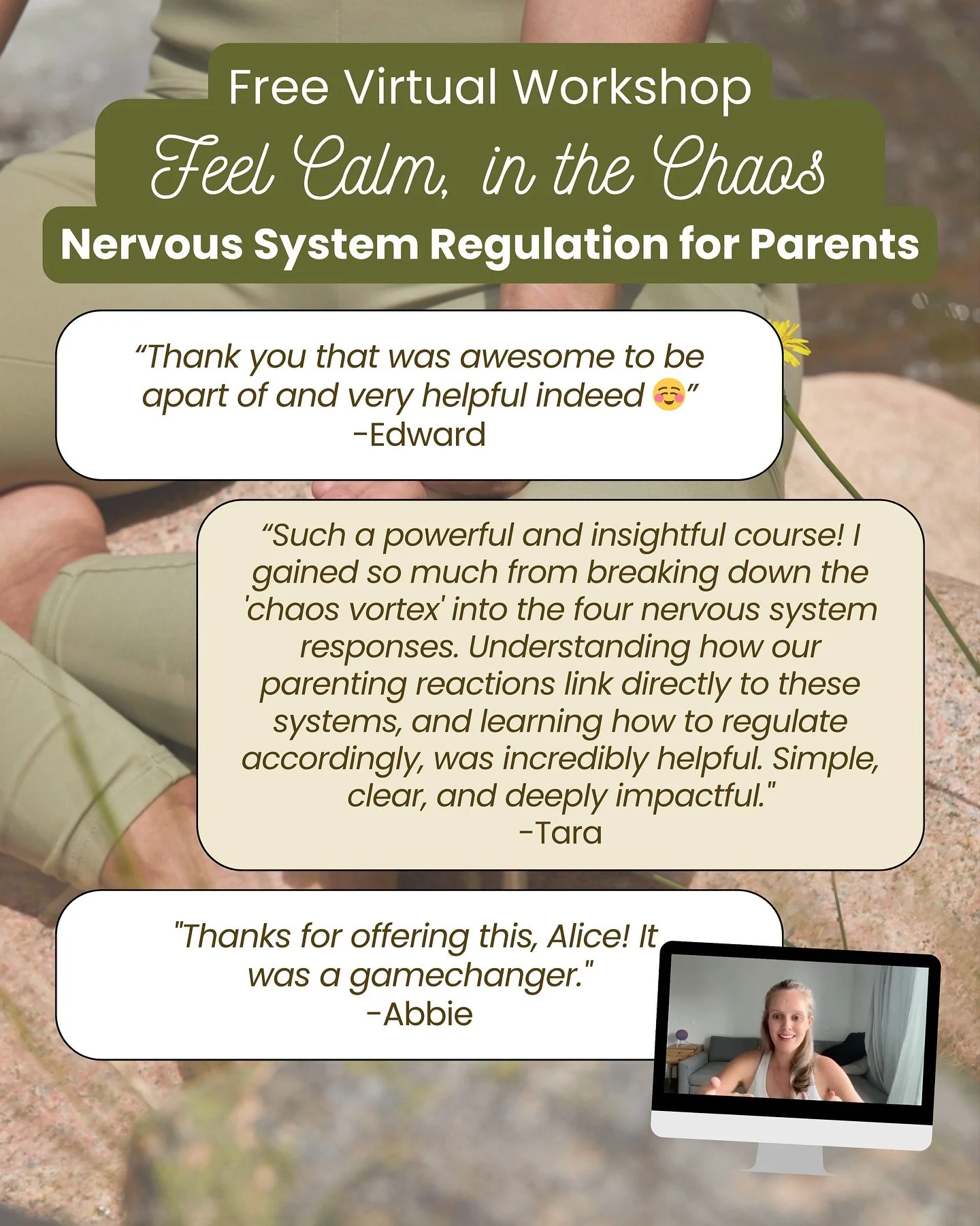 Join me for a FREE virtual workshop midday Tuesday next week “Feel Calm, in the Chaos”; 
✔️ Understand your stress responses
✔️ Practice quick regulating strategies
✔️ Walk away with techniques that take just 5 minutes a day
Kindly spon