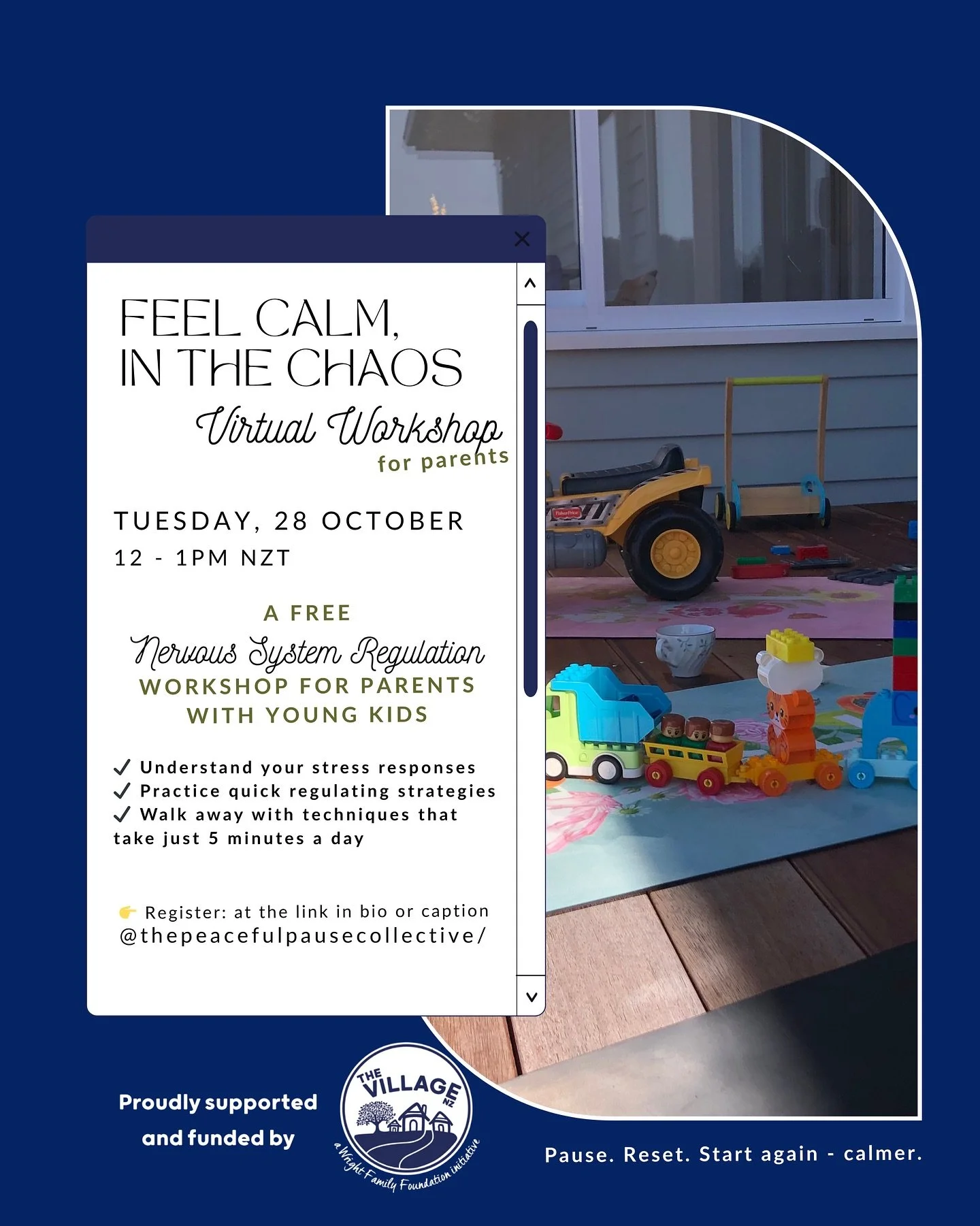 Looking forward to running this free virtual workshop for parents across Aotearoa again, thanks to @thevillagenzparentinghub 💙
Join me on your lunch or nap break midday Tuesday to learn some practical tools on how to regulate in chaotic moments wit