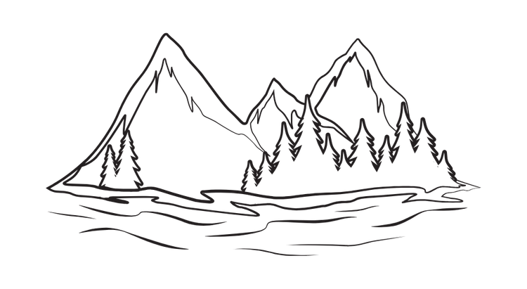 Outline drawing of mountains, trees, and a body of water.