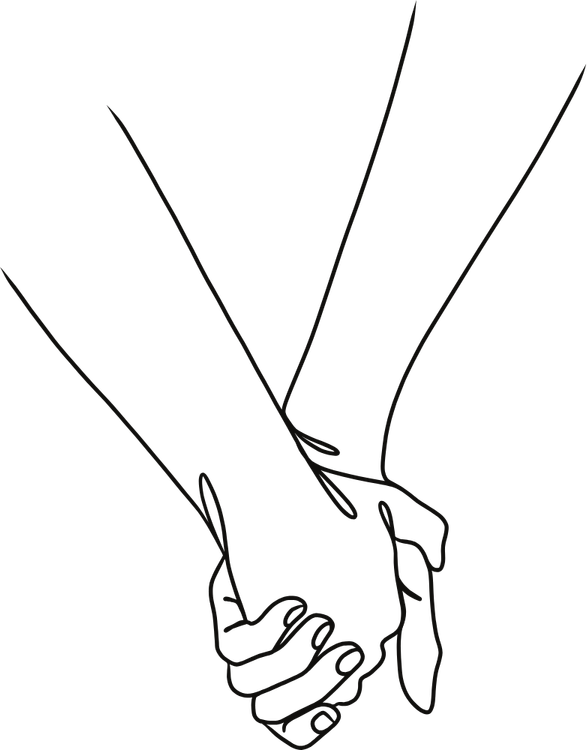 Outline drawing of two people holding hands.