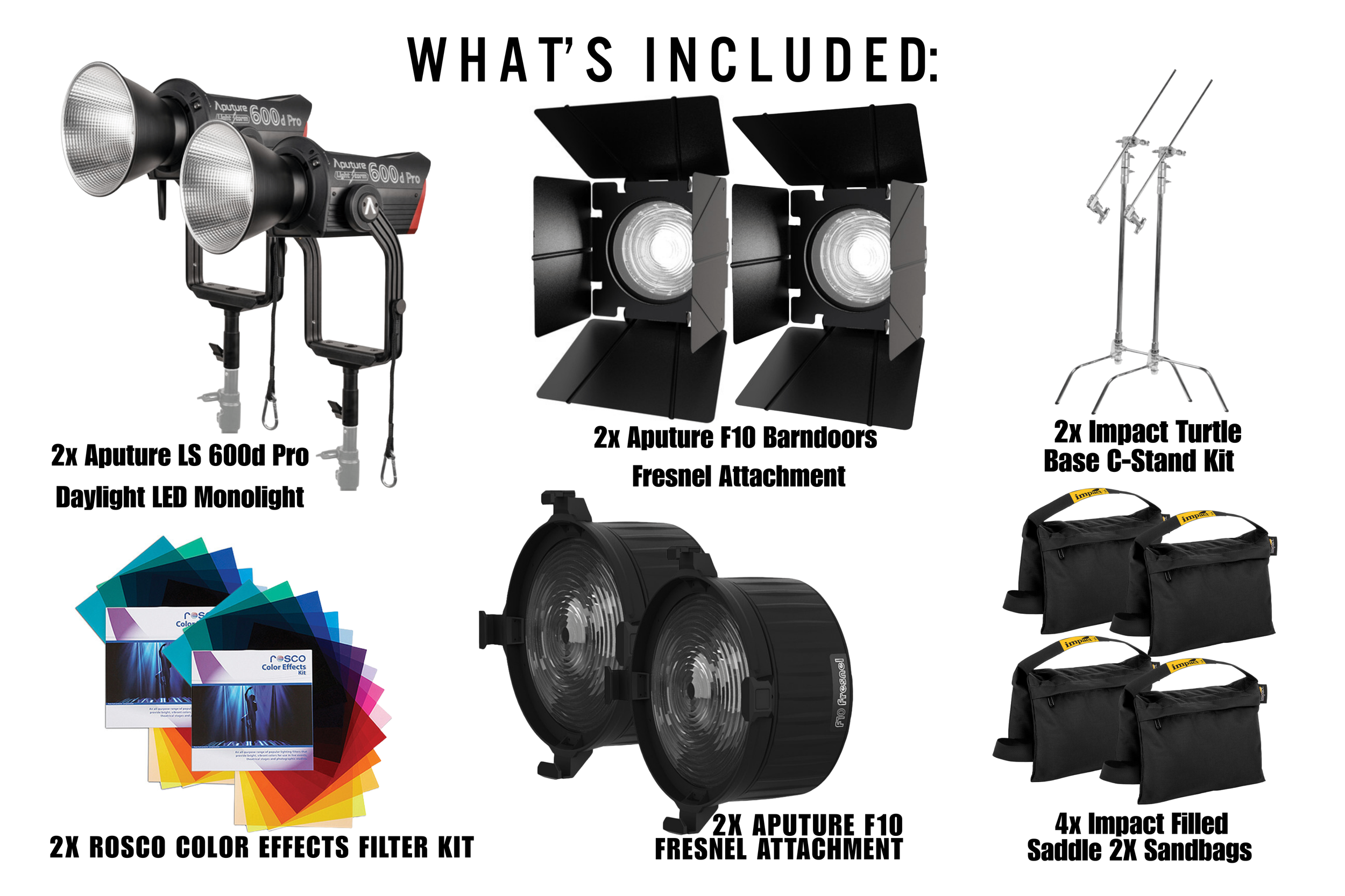 Image showing photography equipment including two Aputure LS 600d Pro daylight LED monolights, two Aputure F10 barndoors with Fresnel attachments, two Impact Turtle base C-stand kits, color effect filters, Fresnel attachments, impact-filled saddle sa
