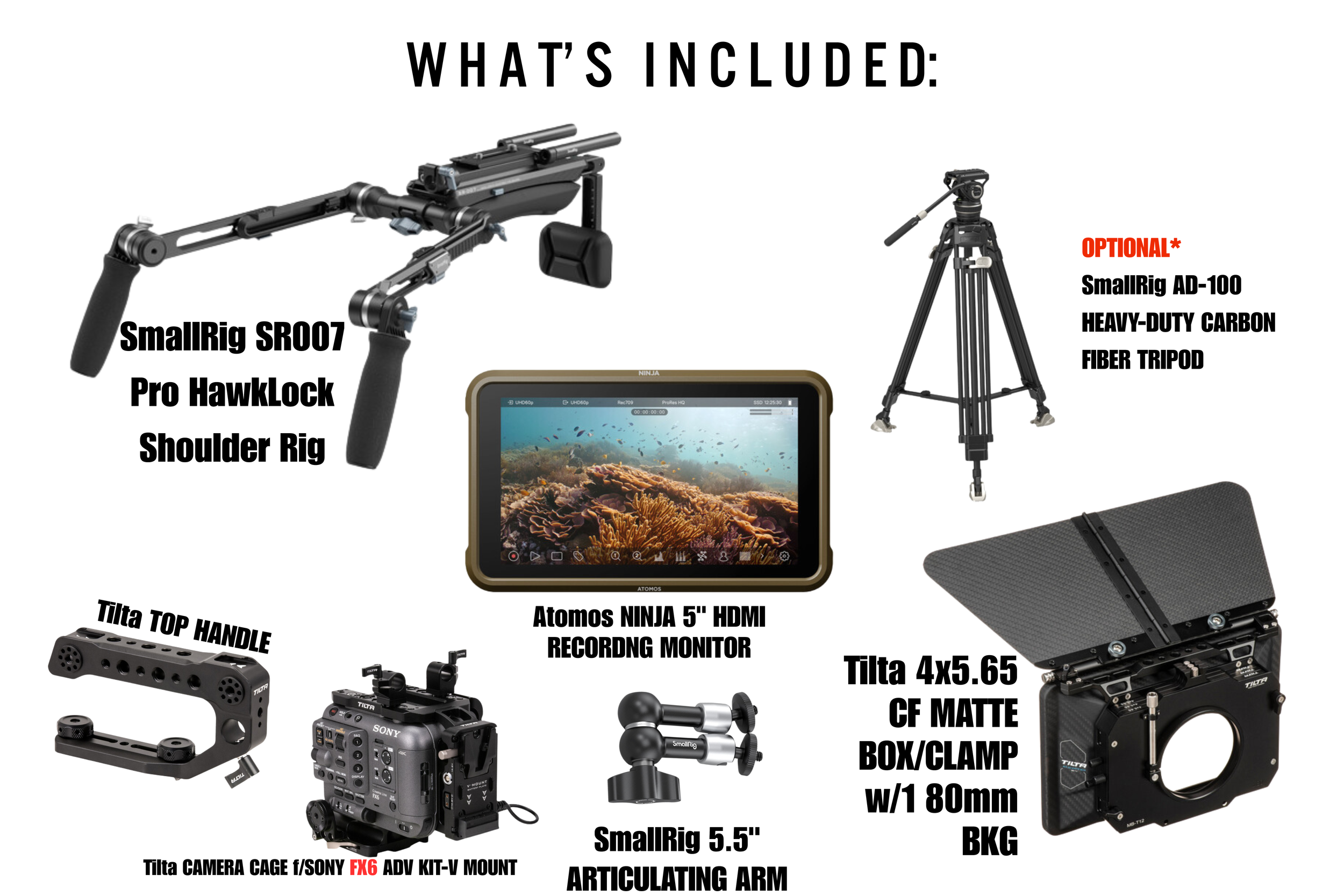 A kit of professional video filming equipment including a SmallRig shoulder rig, a camera cage, a monitor, a tripod, a slider, a matte box, a clamp, and various mounting accessories.