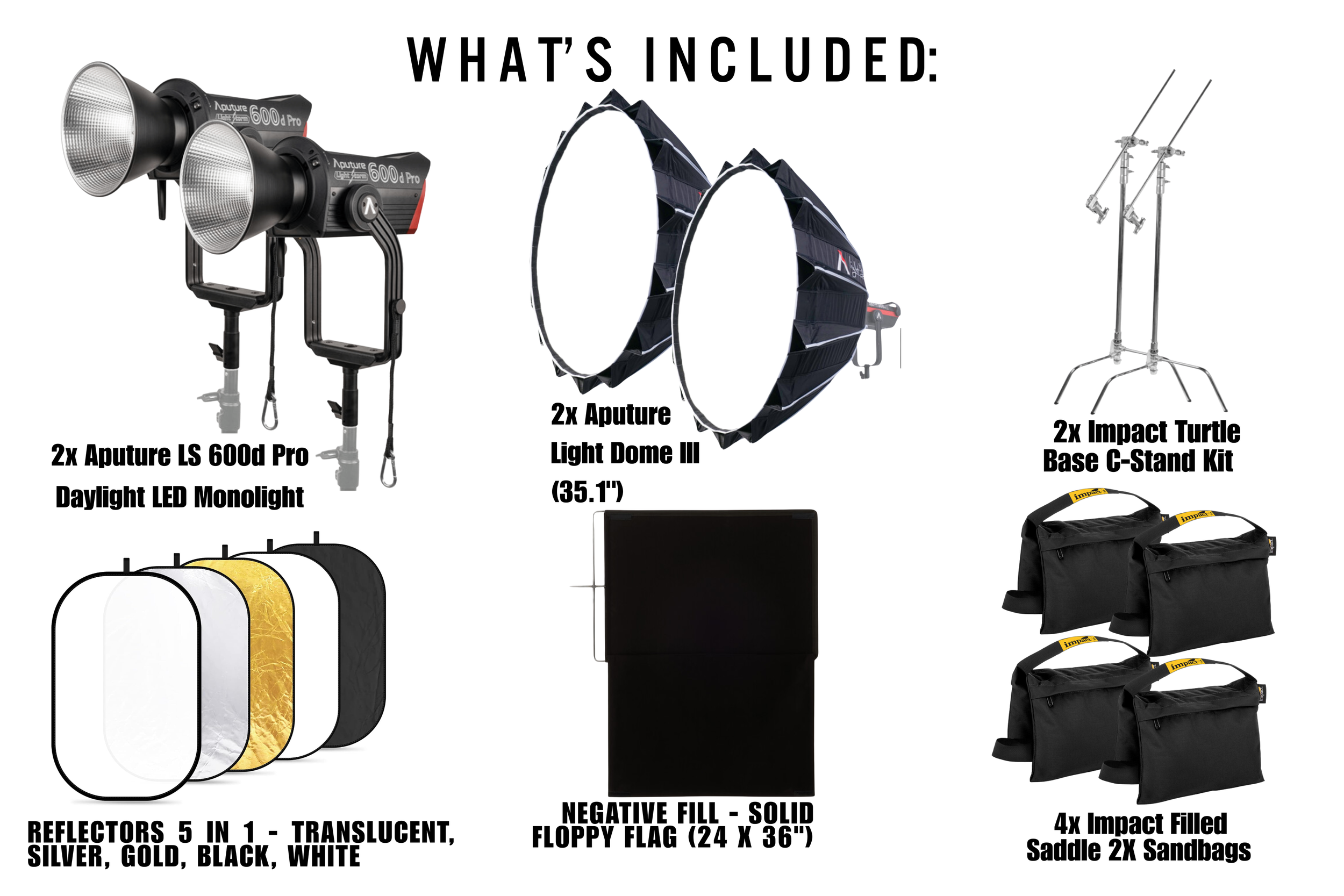 Photograph of professional photography or video production equipment including two Aputure LS 600d Pro daylight LED monolights, two Aputure Light Dome III softboxes, two impact turtle base C-stand kits, five translucent reflectors in white, black, go