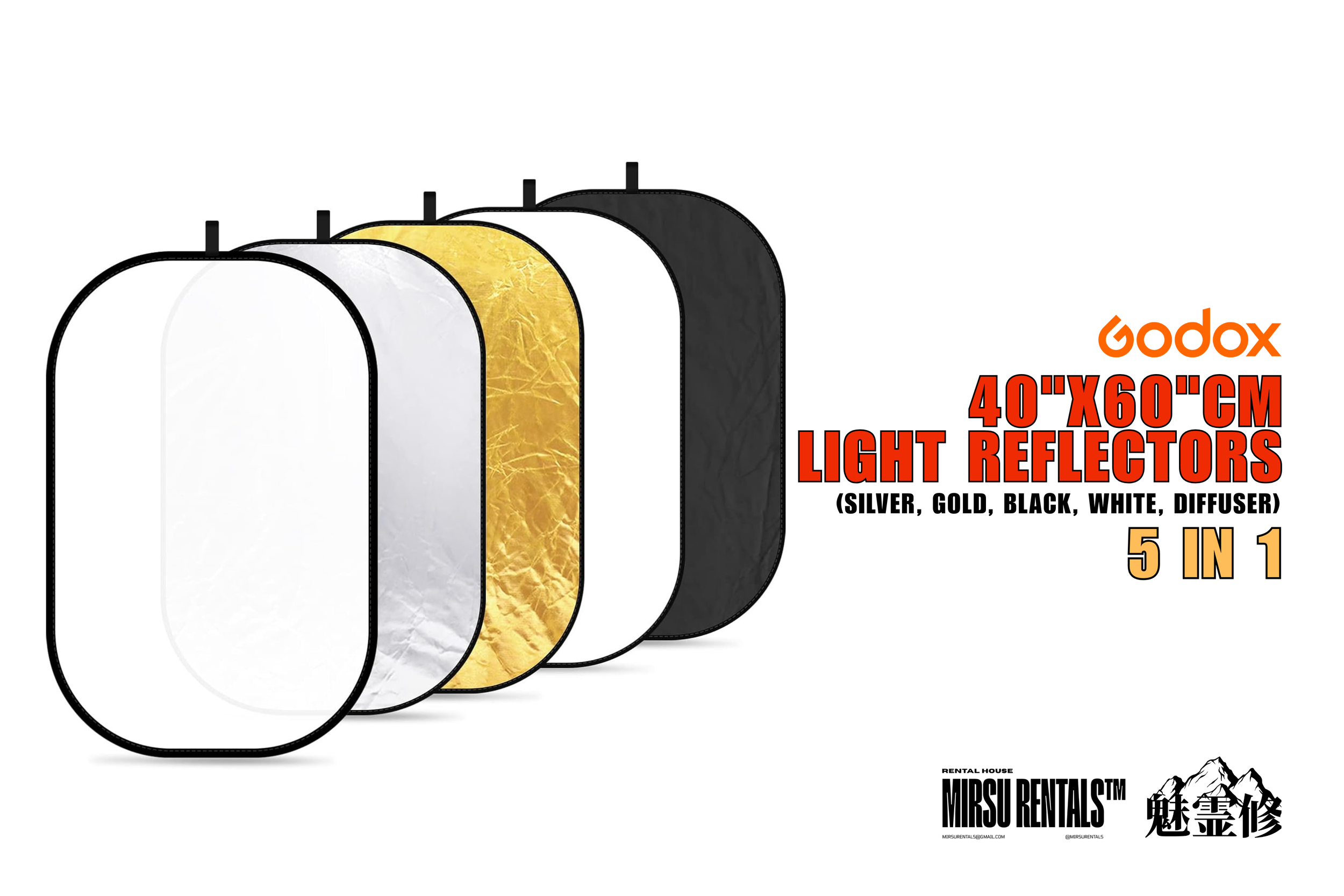 Set of five light reflectors in various colors including silver, gold, black, white, and diffuser, designed for photography with dimensions 40x60 cm, labeled as 5 in 1.
