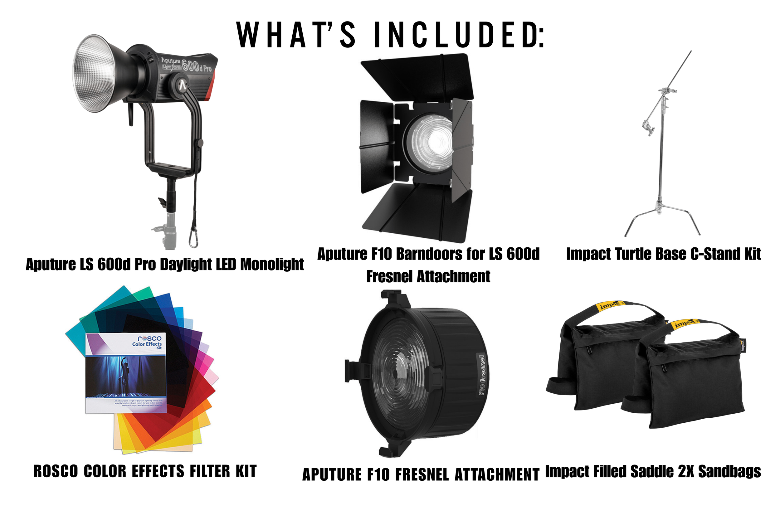 Display of photography and lighting equipment including Aputure LS 600d Pro daylight LED monolight, Aputure F10 barn doors for LS 600d, Impact Turtle base C-stand kit, Rosco color effects filter kit, Aputure F10 Fresnel attachment, and Impact filled 