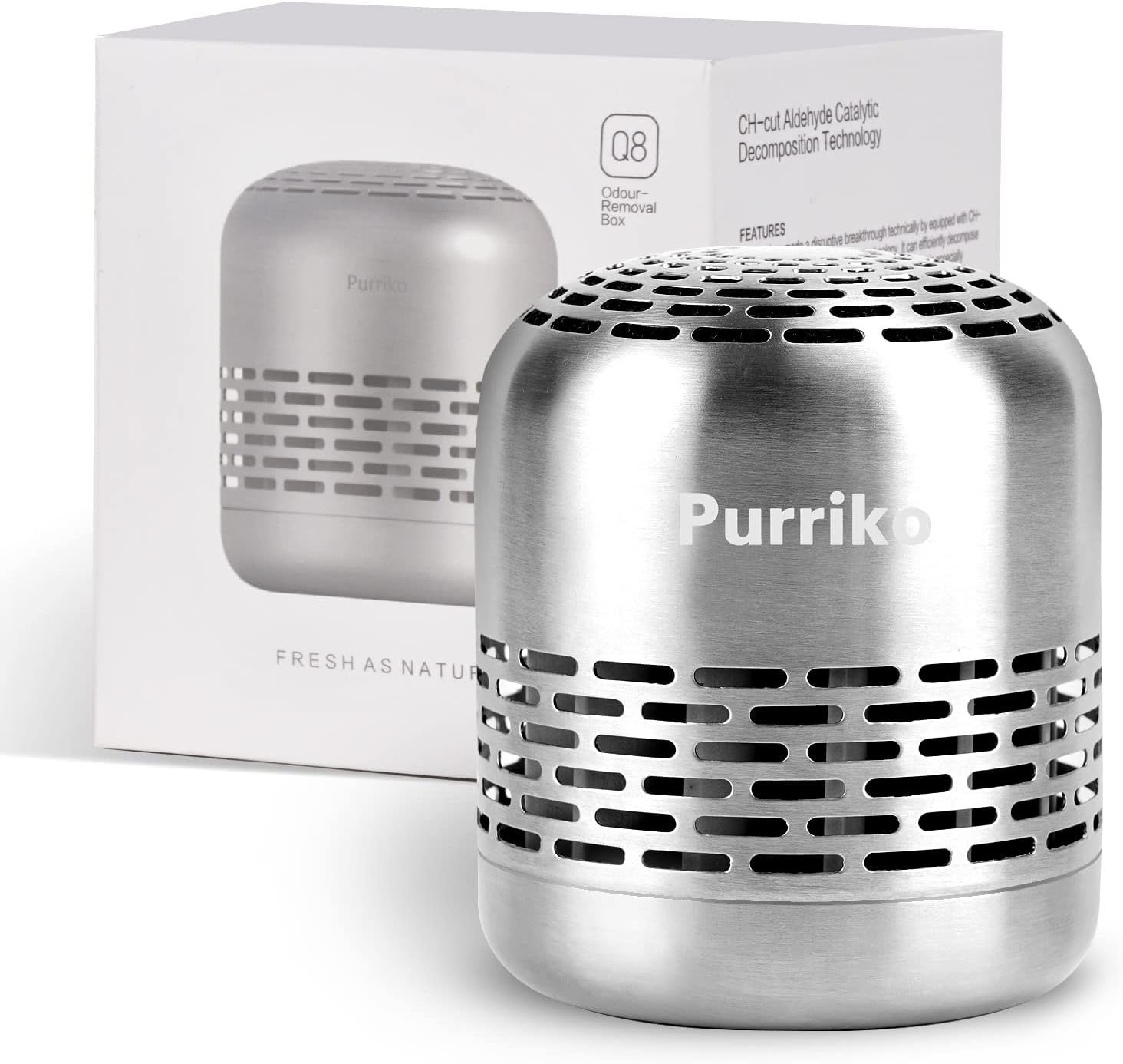Purriko odor removal box with stainless steel finish and packaging.