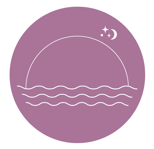 Minimalist illustration of a sunset or sunrise over water with moon and stars in the sky, on a purple circular background.
