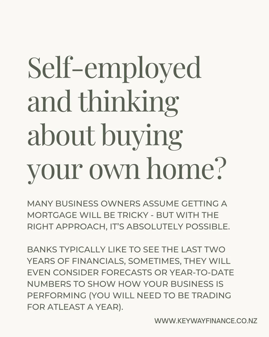 Self-employed and thinking about buying a home? 🏡
Even if you&rsquo;re 6+ months away, now is the time to reach out and make a plan. 

Jump on my website and book a complimentary call - this is a great way for me to understand your goals, look at yo