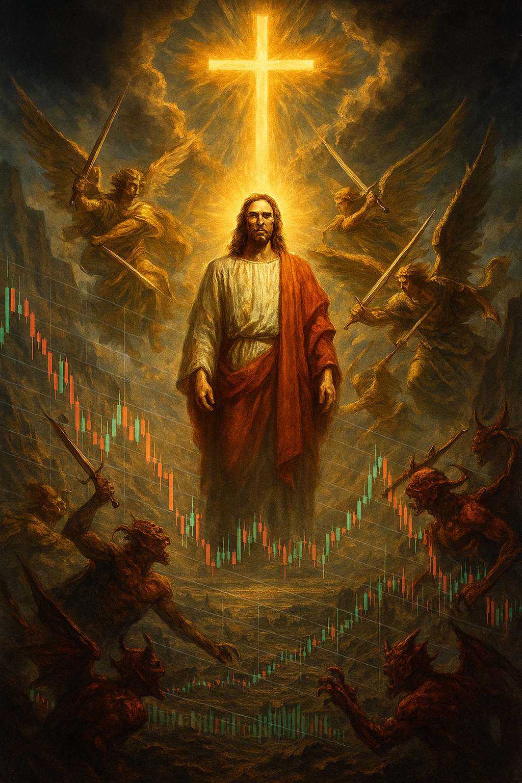 Dramatic artwork of Jesus Christ surrounded by angels with swords and demons, with a glowing cross above. Beneath them, stock market candlestick charts are overlaid, creating a contrast between divine and financial elements.