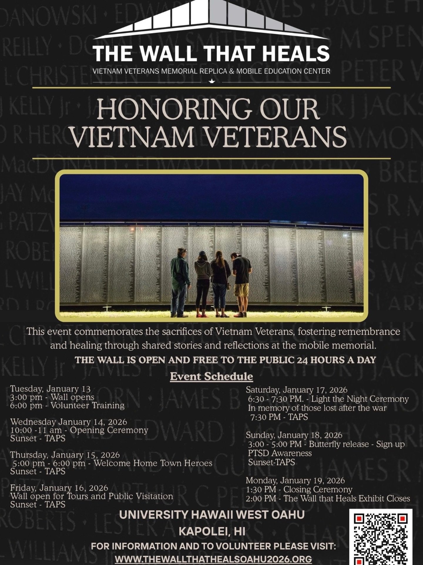 The Wall That Heals, a 3/4-scale replica of the Vietnam Veterans Memorial, is visiting Oʻahu, Hawaiʻi, @uhwestoahu (Kapolei) from January 14-19, 2026, offering 24/7 free public access for visitors to honor fallen service members, with a Mobile Educat