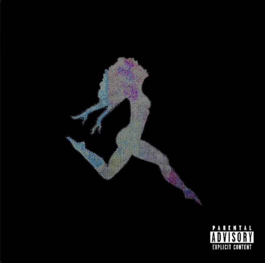 iridescent girl silhouette jumping with black background