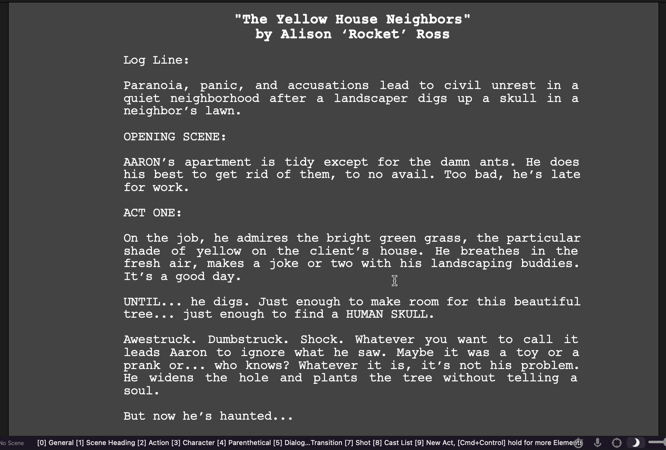 Script treatment by Alison Rocket Ross created with Final Draft Screenwriting Software