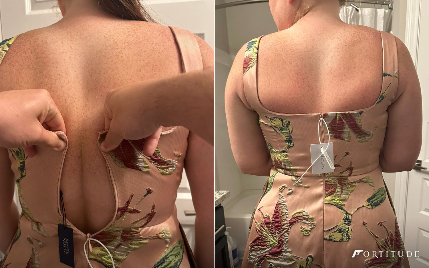 Fortitude event prep client at her dress fitting, fourteen weeks apart