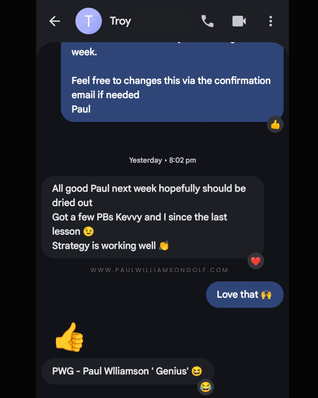 A screenshot of a chat conversation on a mobile device showing messages about golf lessons, including comments about strategy, practice, and appreciation with various emojis and a website link.