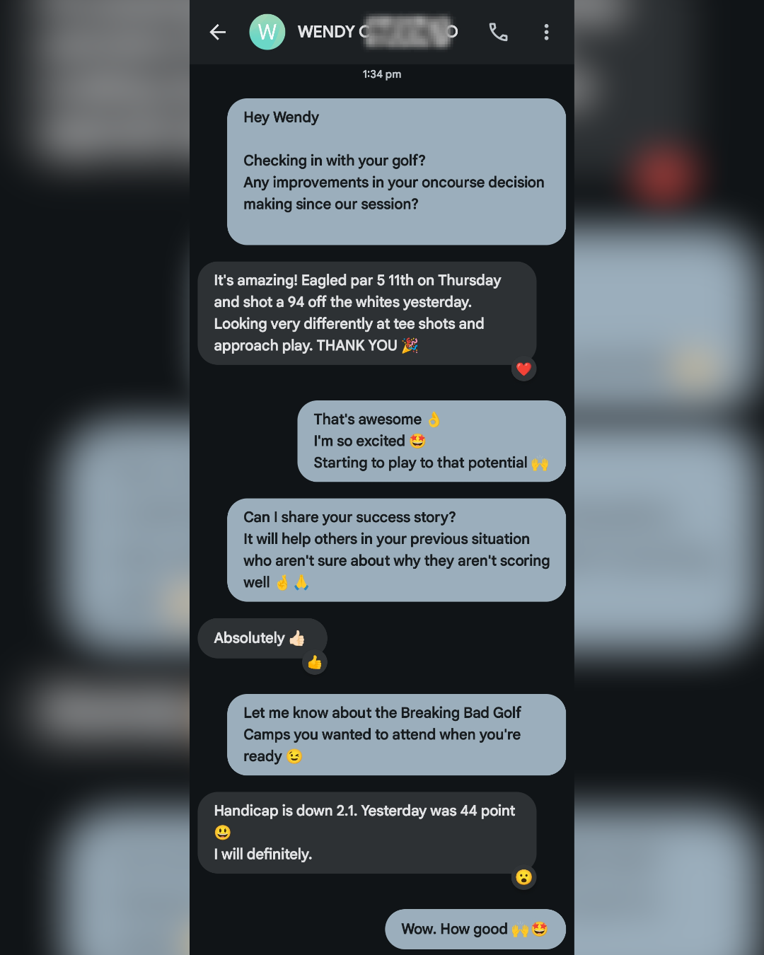 Client testimonial from Wendy showing her golf handicap dropped by 2.1 and she shot a 94 by improving her on-course decision making and strategy with Paul Williamson.