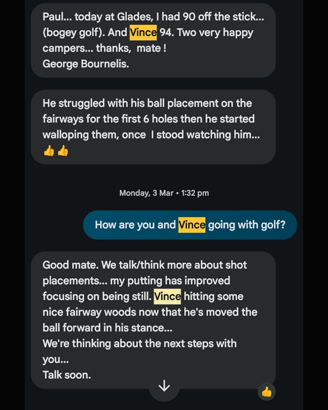 Screenshot of a messaging conversation about playing golf. The messages include updates on a game at Glades, mentioning discounts and a player's performance, with highlighted names 'Vince', and discussing golf techniques and next steps.