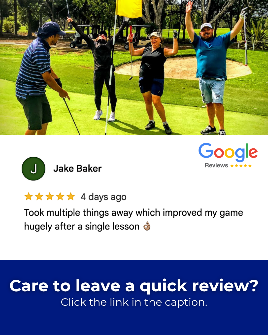 Group of four people on a golf course celebrating, with a sand trap, golf carts, and trees in the background.