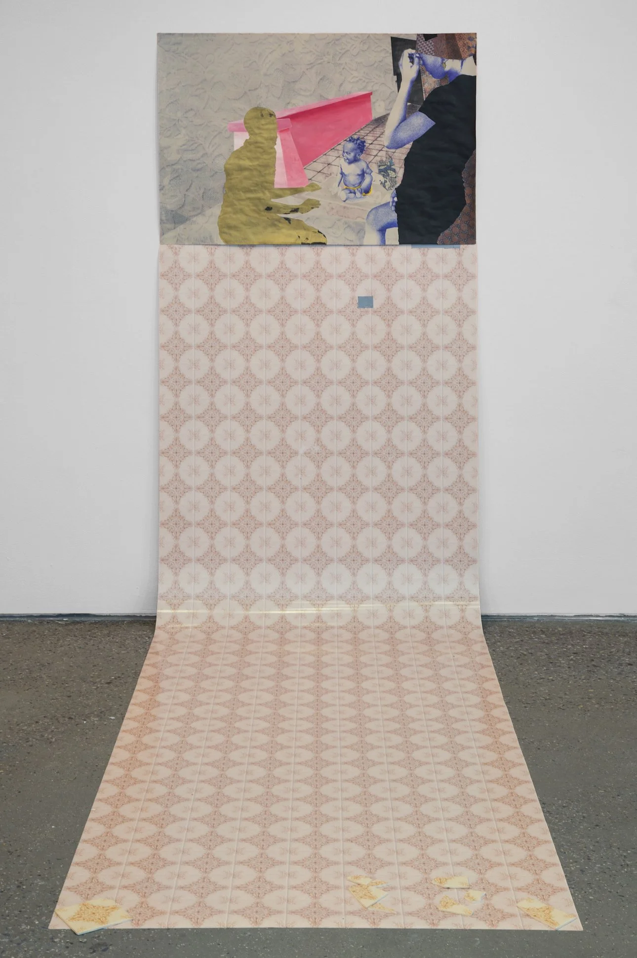 Anansi Time is a drawing by the contemporary artist, Atisha Fordyce. 
Acrylic, inkjet print, ceramic tile, duck tape on paper
137 x 38 in
2016