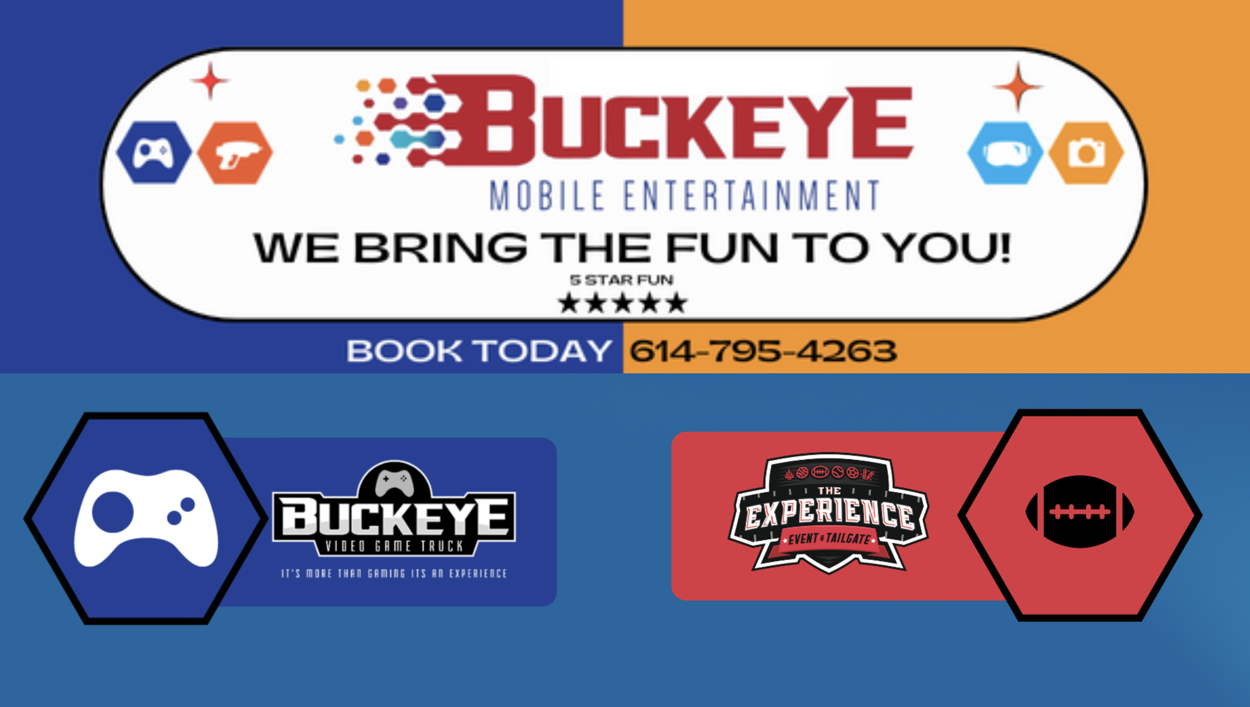 Promotional graphic for Buckeye Mobile Entertainment, advertising video game and event services with icons of game controllers and sports elements. Includes contact phone number for booking.