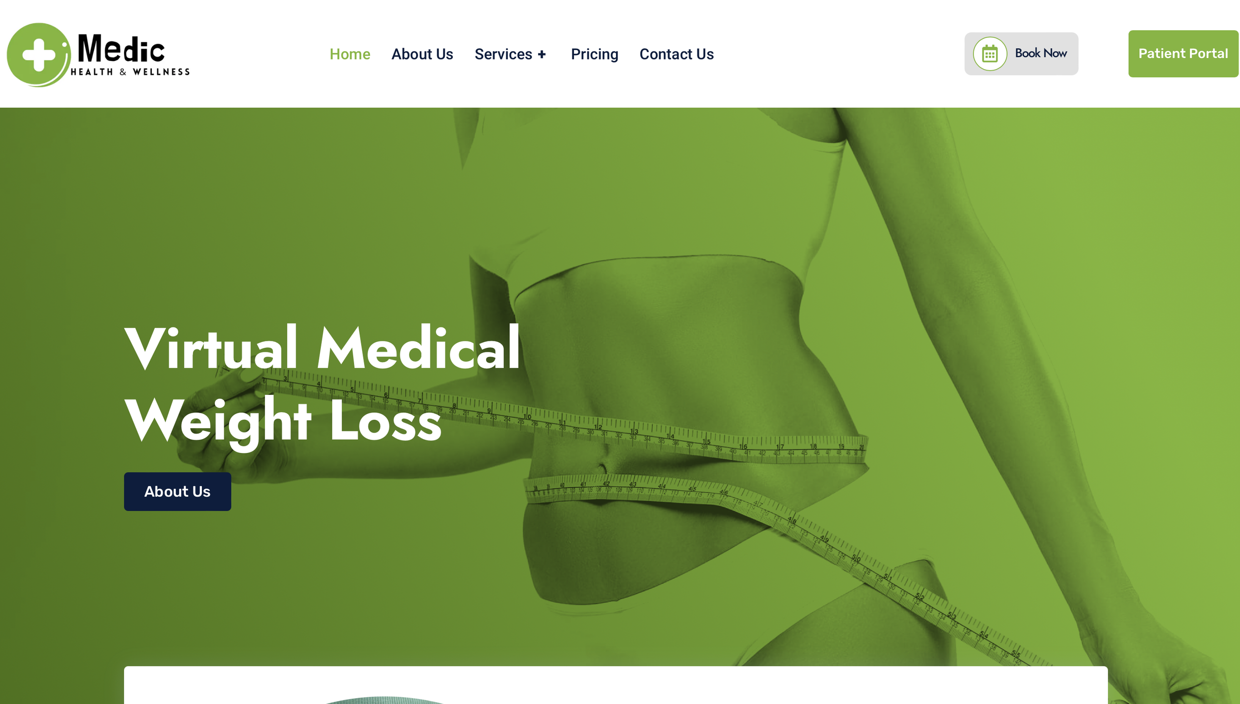 Website homepage for Medic Health & Wellness featuring a green-toned image of a person measuring their waist with a tape measure. The text "Virtual Medical Weight Loss" is prominently displayed, with navigation links for Home, About Us, Services, Pri