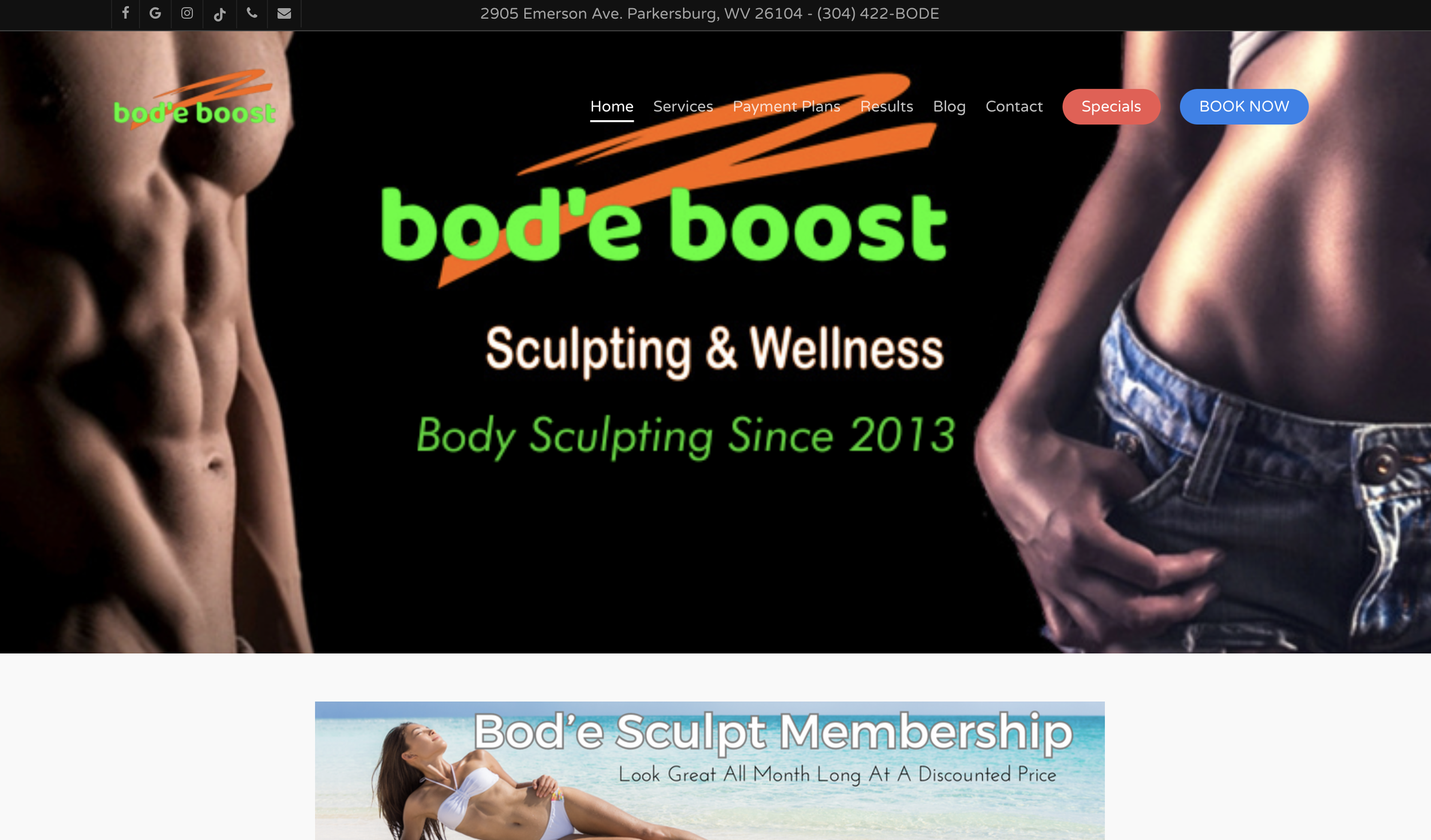Fitness website homepage featuring bod'e boost logo, muscular torsos, and promotional text for body sculpting services.