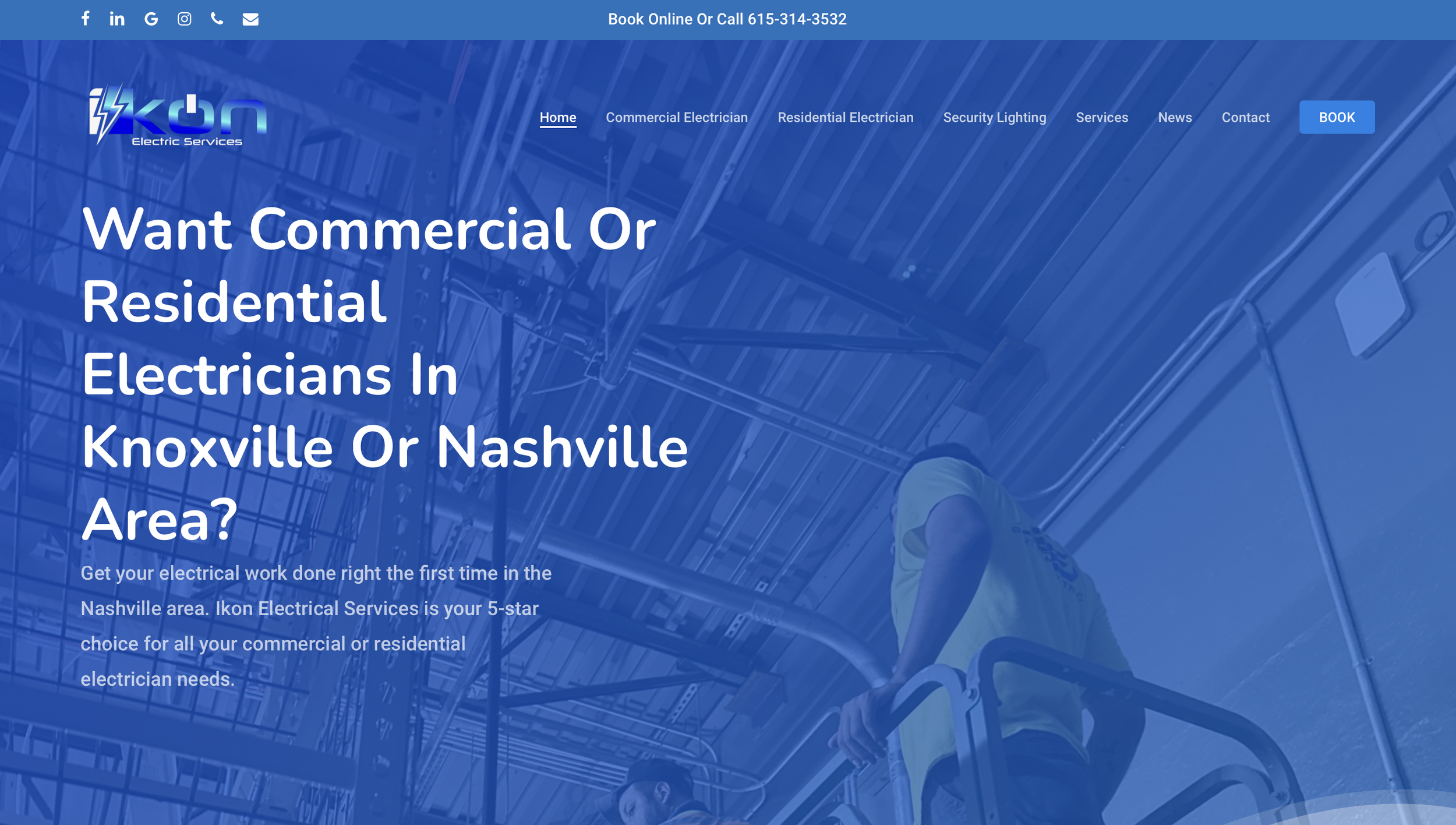 Website homepage for Ikon Electrical Services showing navigation menu and contact details.