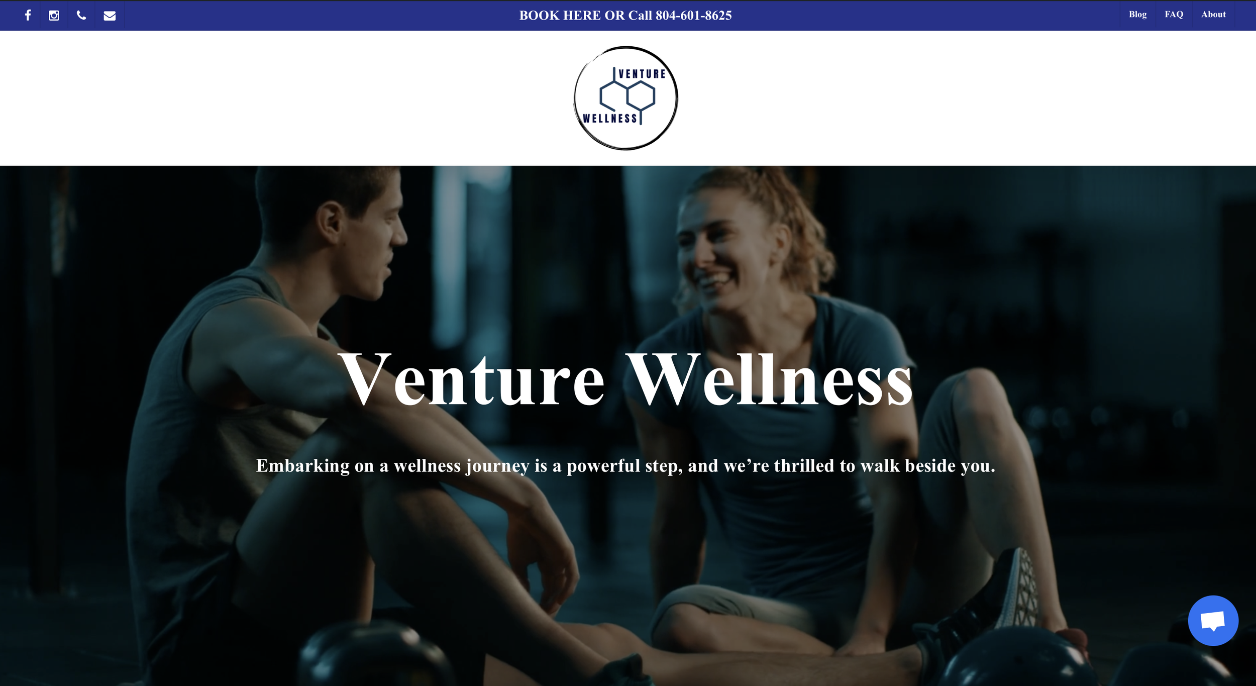 Fitness website homepage featuring two people sitting and smiling with the text 'Venture Wellness' and contact information.