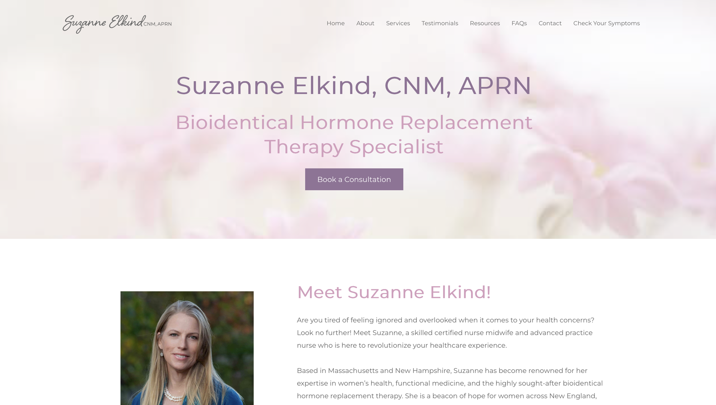 Website homepage of Suzanne Elkind, a bioidentical hormone replacement therapy specialist, with navigation menu and consultation button.