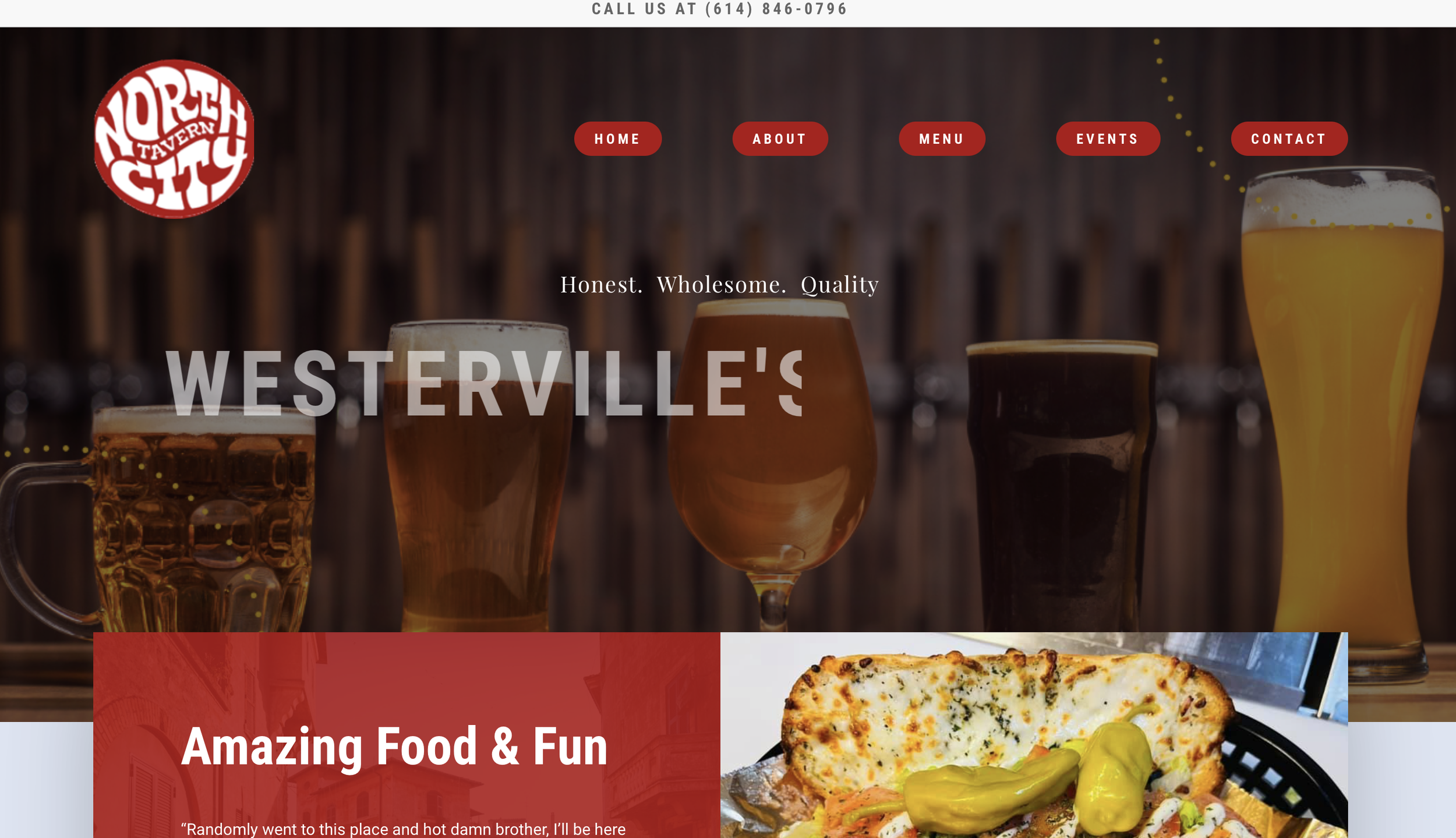 Website screenshot of North City Tavern with a logo, a row of beer glasses, navigation buttons, and a food image.
