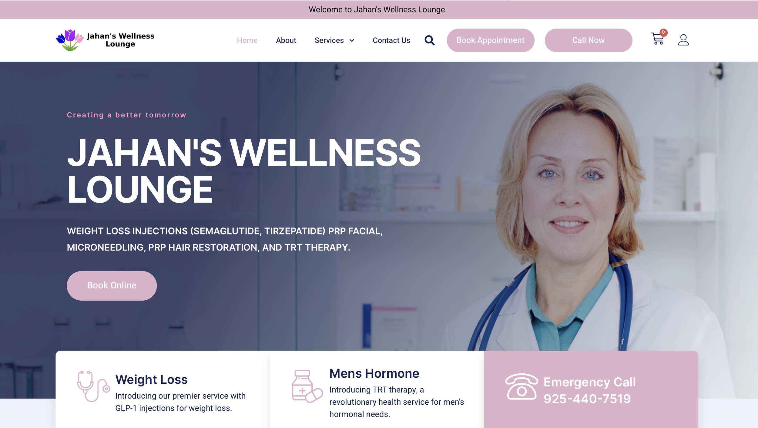 Jahan's Wellness Lounge website homepage with a doctor, list of services including weight loss injections and hormone therapy, and contact information.