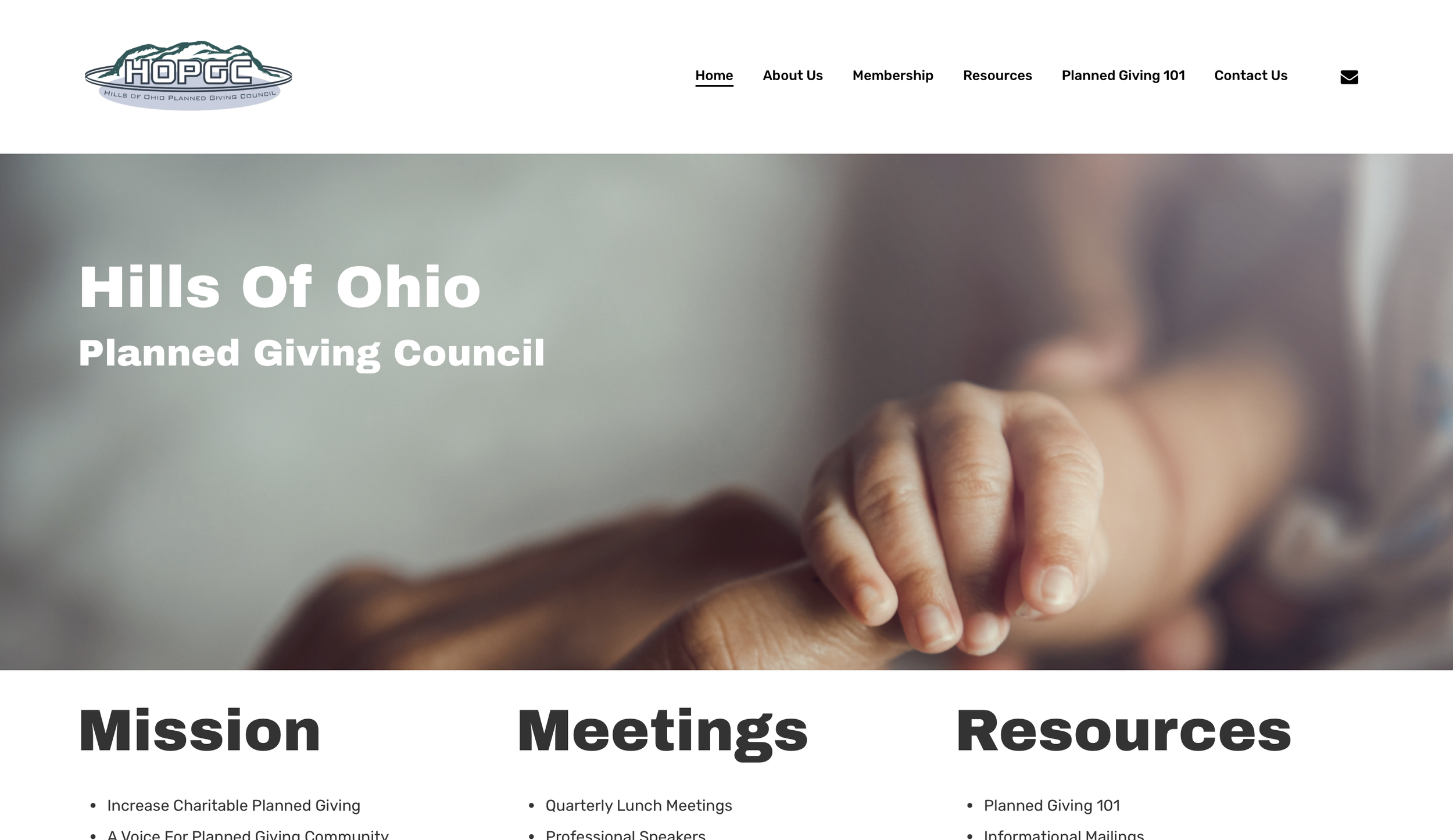 Hills of Ohio Planned Giving Council webpage with navigation menu and infant hand image.