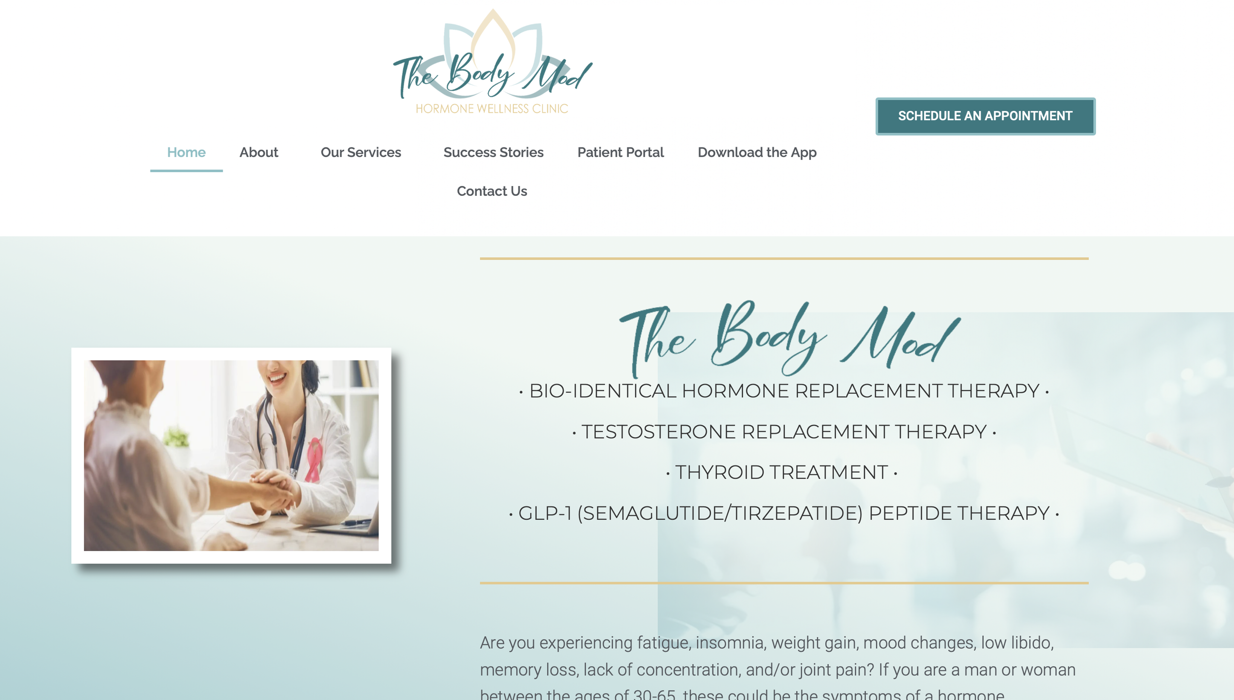 Screenshot of The Body Med Hormone Wellness Clinic website, featuring menu options like Home, About, and Services. The page highlights treatments such as bio-identical hormone replacement, testosterone therapy, and thyroid treatment. There is a photo