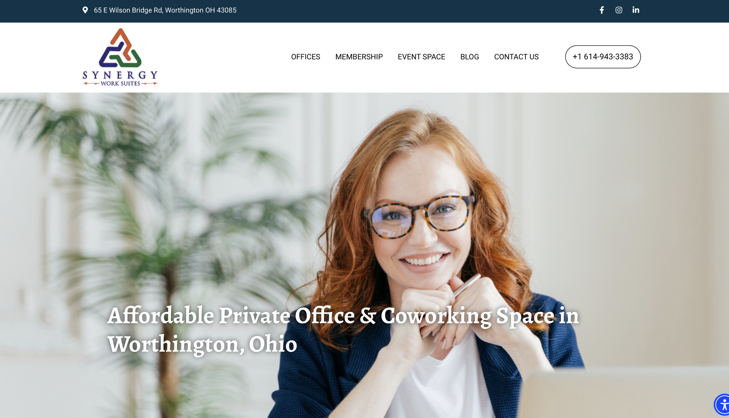 A website homepage for Synergy Work Suites showing a smiling person with glasses in an office setting, featuring a call to action for affordable private office and coworking space in Worthington, Ohio. The top menu includes options such as Offices, M
