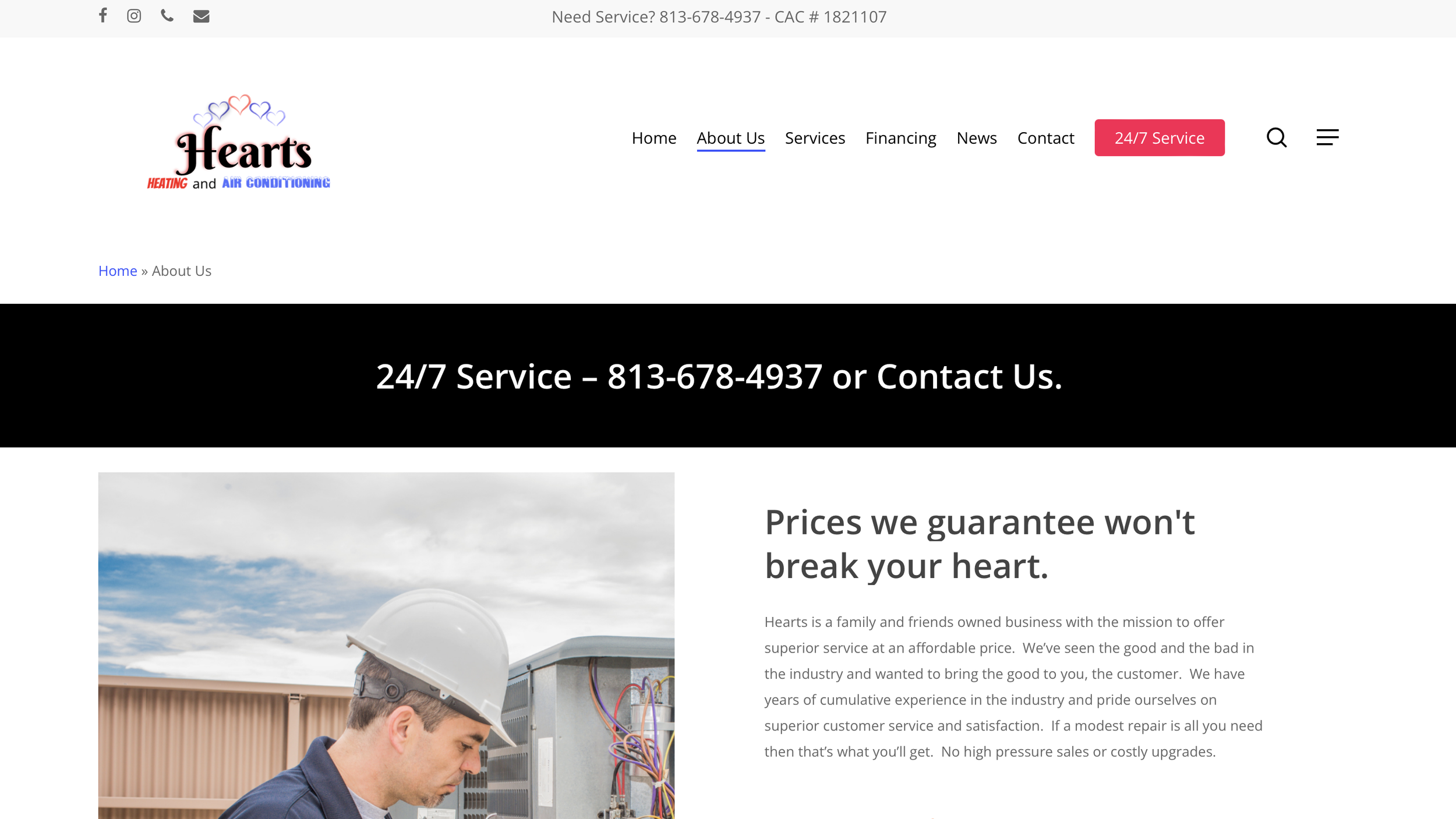 Website screenshot of Hearts Heating and Air Conditioning with navigation menu, a photo of a worker in a hard hat near HVAC equipment, and text about pricing and service."}