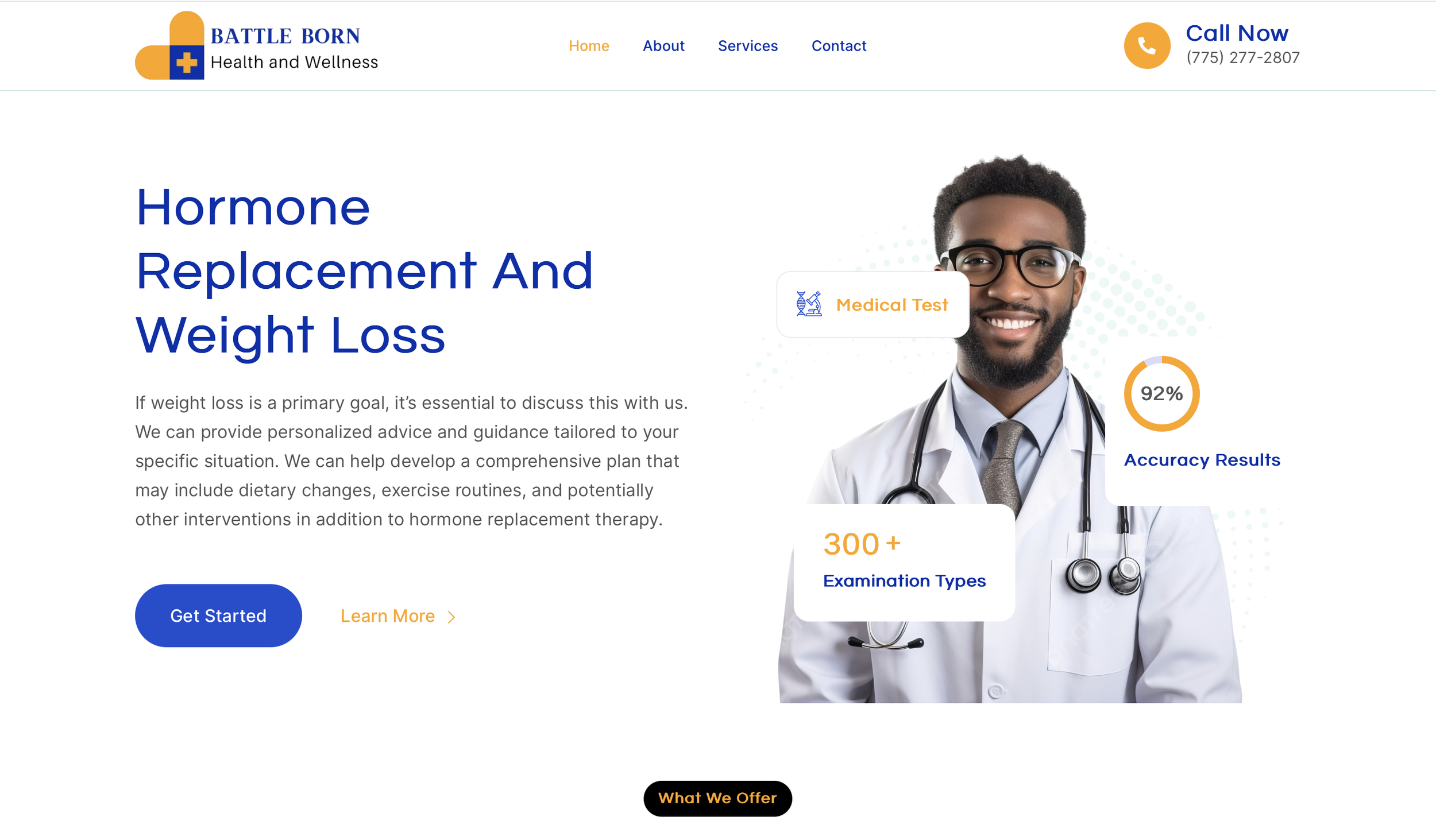 Website homepage for Battle Born Health and Wellness focused on hormone replacement and weight loss services. Includes an image of a smiling doctor with a stethoscope, contact information, and menu links for Home, About, Services, and Contact. Featur