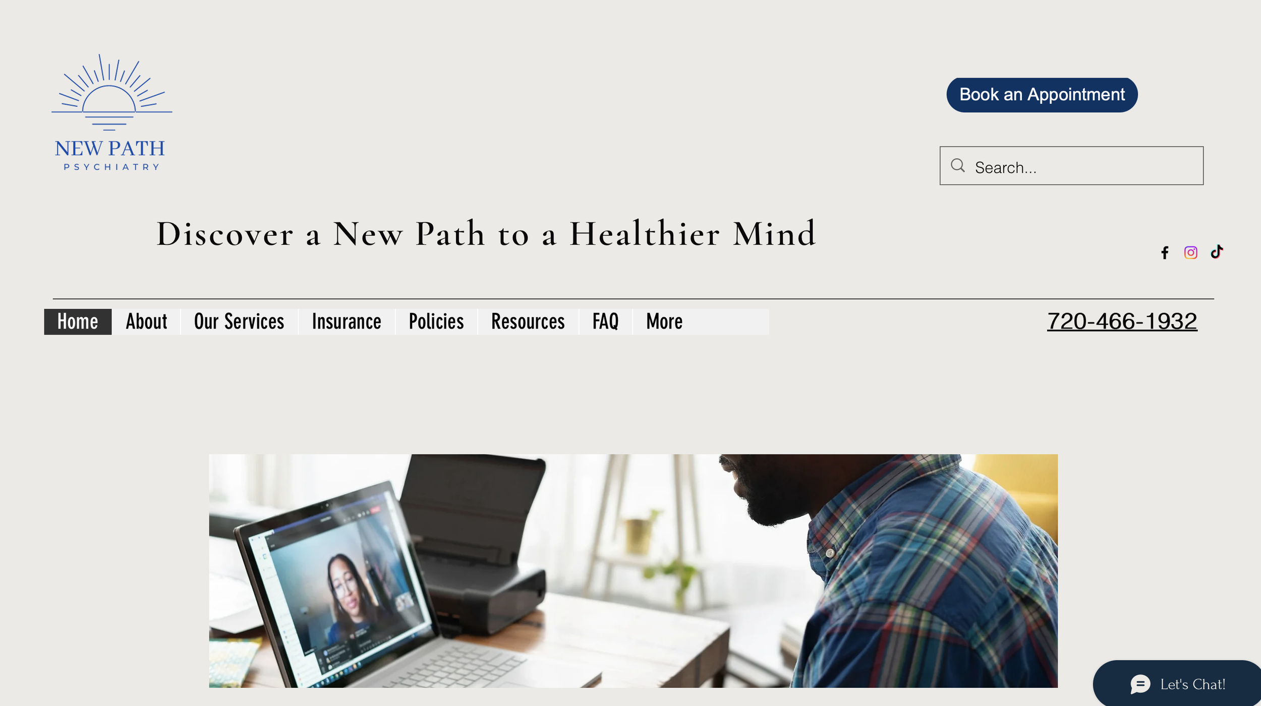 Website homepage of New Path Psychiatry featuring navigation menu, contact number, and video call image.