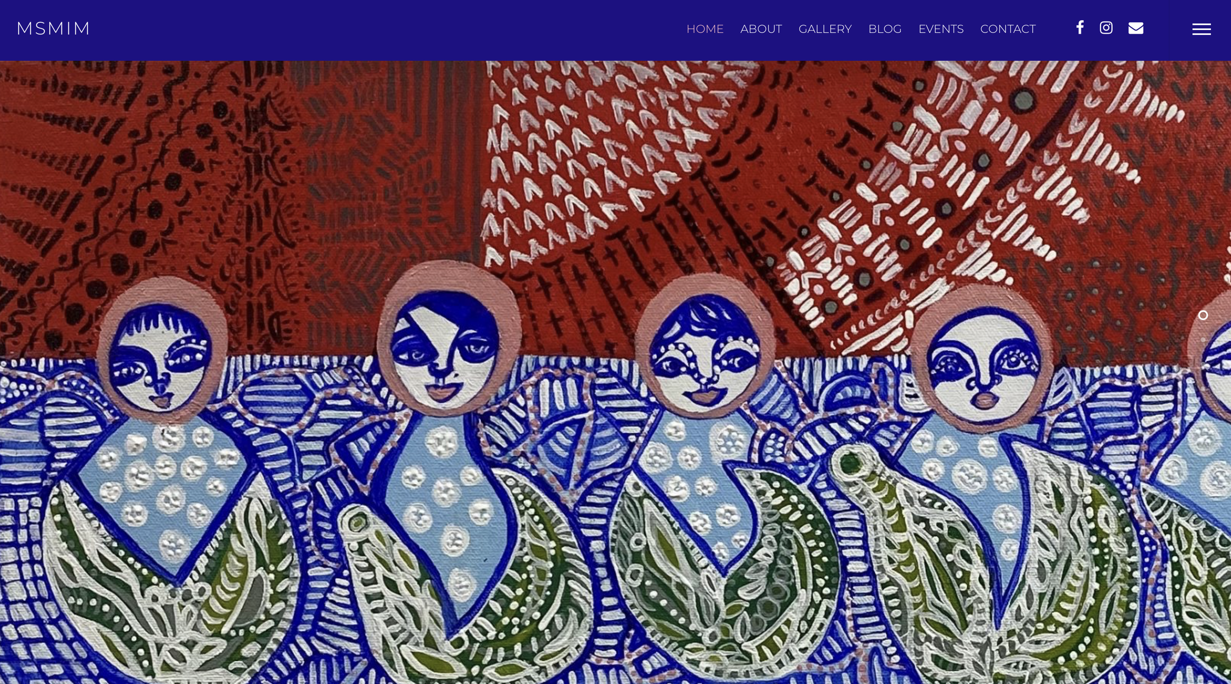 Colorful painting featuring stylized figures with blue and white patterned clothing and brown circular faces. Background has intricate red and white geometric designs.