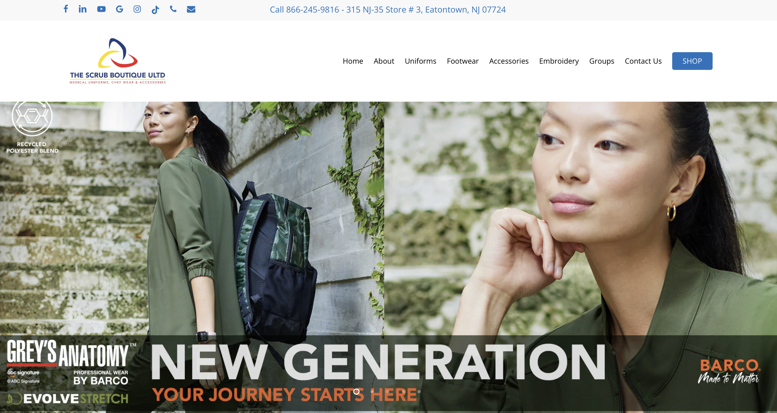 A woman in green scrubs with a backpack stands outdoors. The Scrub Boutique logo and contact details are at the top, with menu options for home, about, uniforms, footwear, accessories, embroidery, groups, contact us, and a shop button. "Grey's Anatom